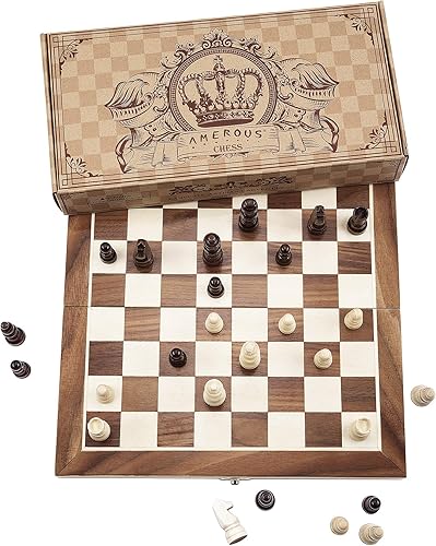 Miniatura 2 de AMEROUS Juego de ajedrez magnético de madera de 12 x 12 pulgadas para niños y 6 años en adelante, 2 reinas adicionales, tablero plegable con ranuras