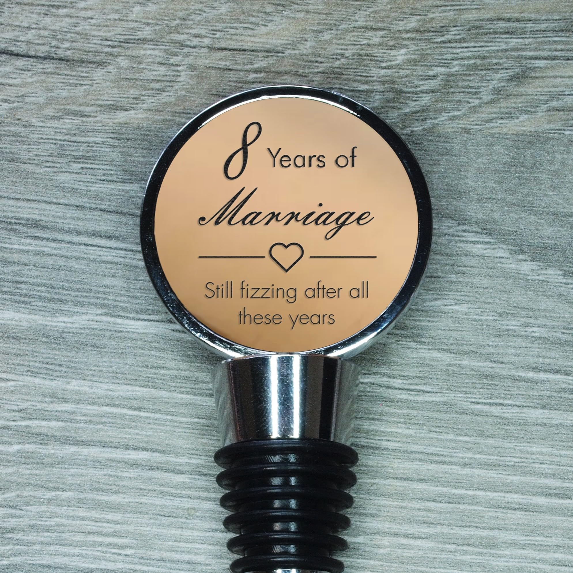 8th Anniversary Engraved Bronze Bottle Stopper, 8 Years Married (Still fizzing After All These Years)