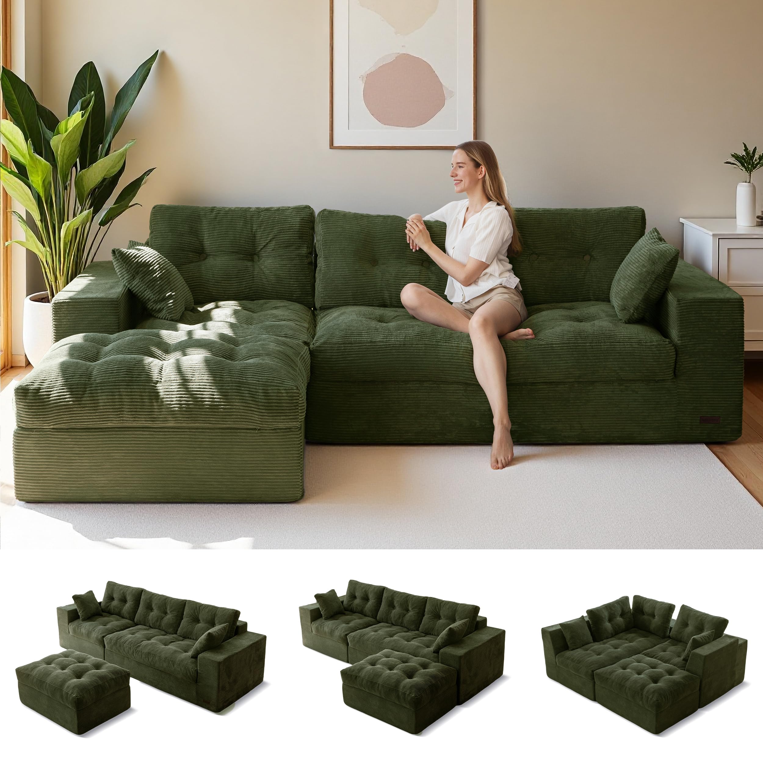 MAXYOYO L Shaped 96" Modular Sectional Sofa with Ottoman, Cloud Boneless Couch with Layered Cushion, Upholstered Sofa in a Box, Flexible Module Combination for Living Room, No Assembly, Dark Green