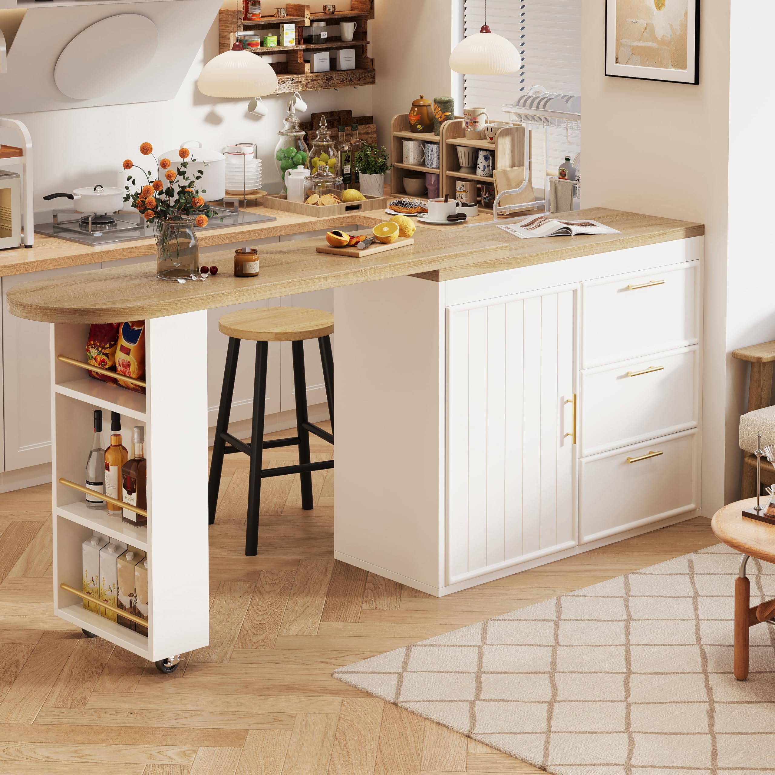 Mesa de Bar Extensible Gira 360° con 2 Ruedas y 3 Cajones, Barra Cocina Isla Cocina con 1 Puerta y Estante Ajustable, Compartimento Lateral y Dispositivo Antivuelco, 128-203x39x90 cm, Blanco