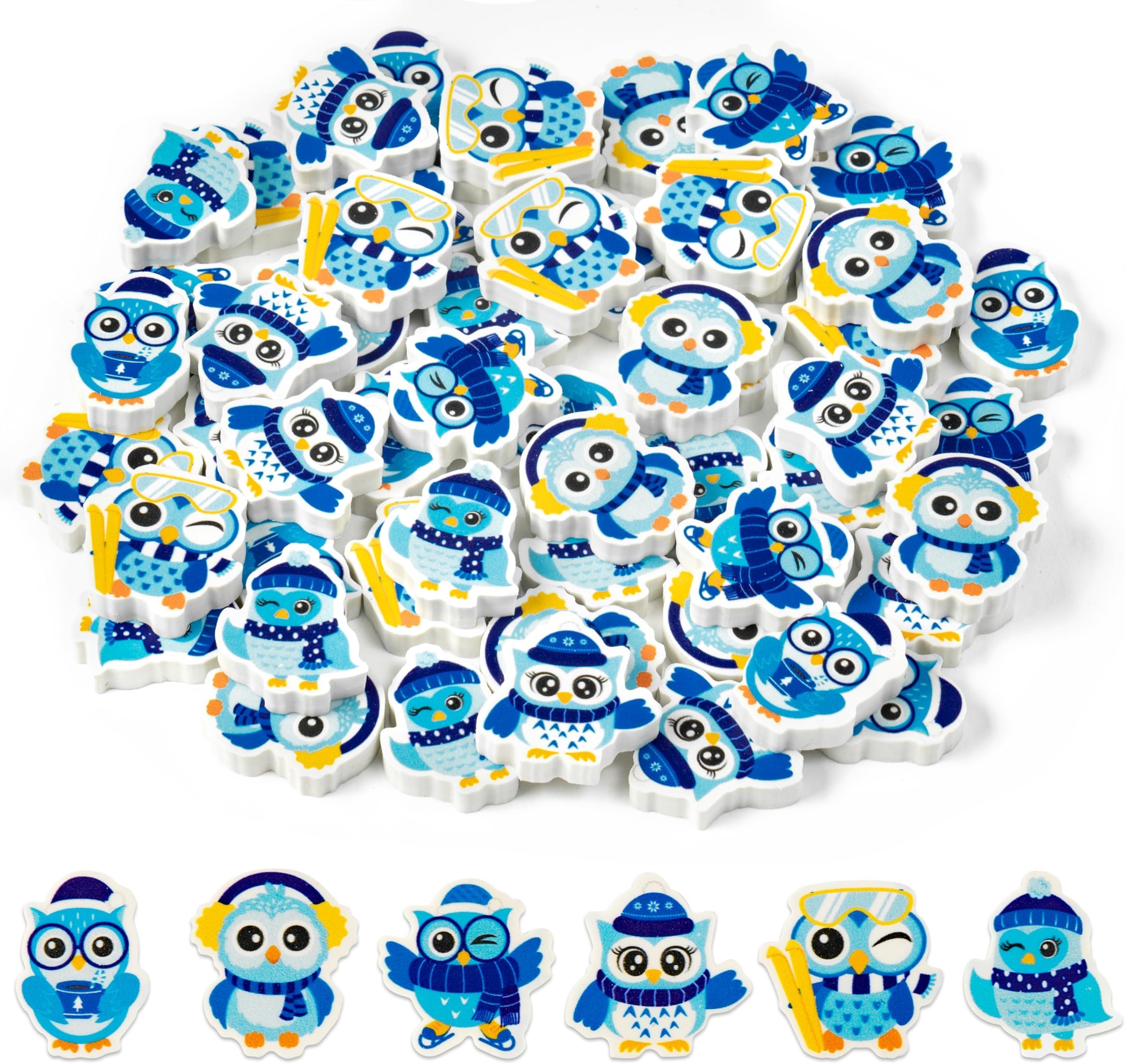 Winter Owl Pencil Eraser - 60pcs Cute Owl Animal Mini Holiday Spencil Erasers Birthday Party Favor Desk Pet Treasure Box Toys Gifts Classroom Rewards Prizes Erasers Bulk Goodie Bag Stuffers