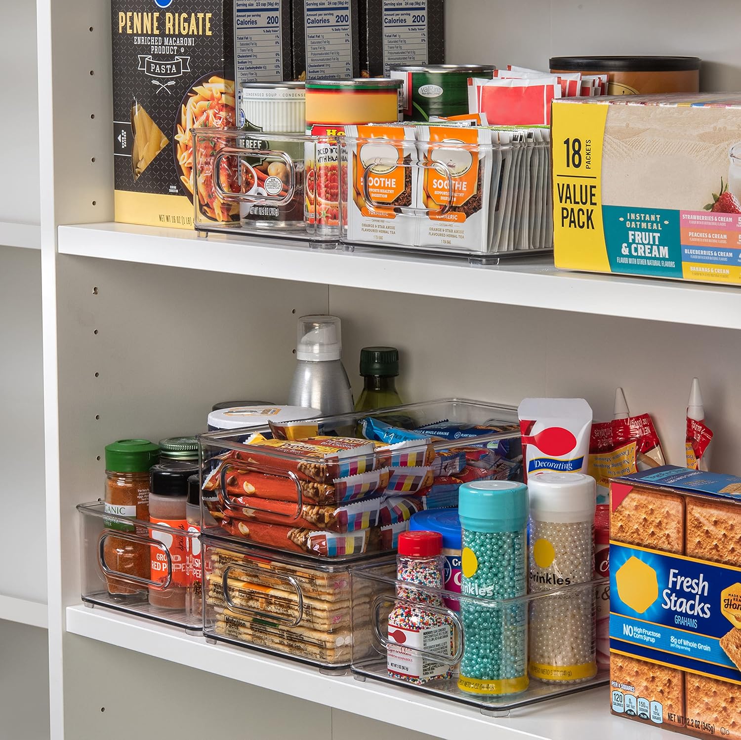 Organized Pantry with Clear Storage Bins