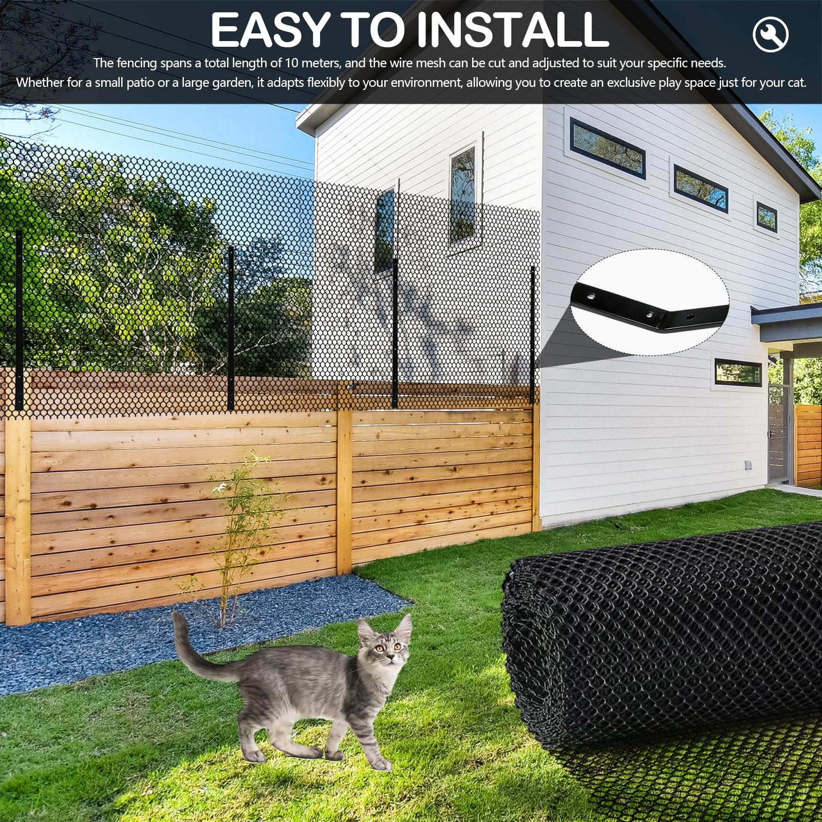 Redes Valla Anti-escalada para Gatos, Barrera Anti-trepa de Recinto Exterior Seguro para Gatos de 10 m, Valla de Malla de Jardín Resistente a Intemperie Cortable con Soportes de Pared Inoxidables
