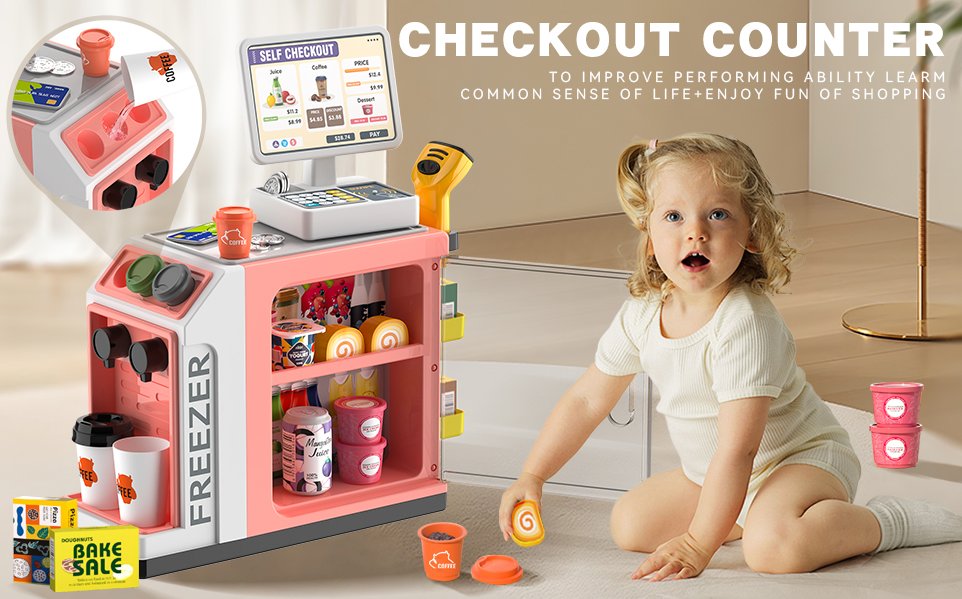 DeAO 3-in-1 Toy Cash Register & Coffee Machine Set - Pretend Play Store With Water Outlet For Kids