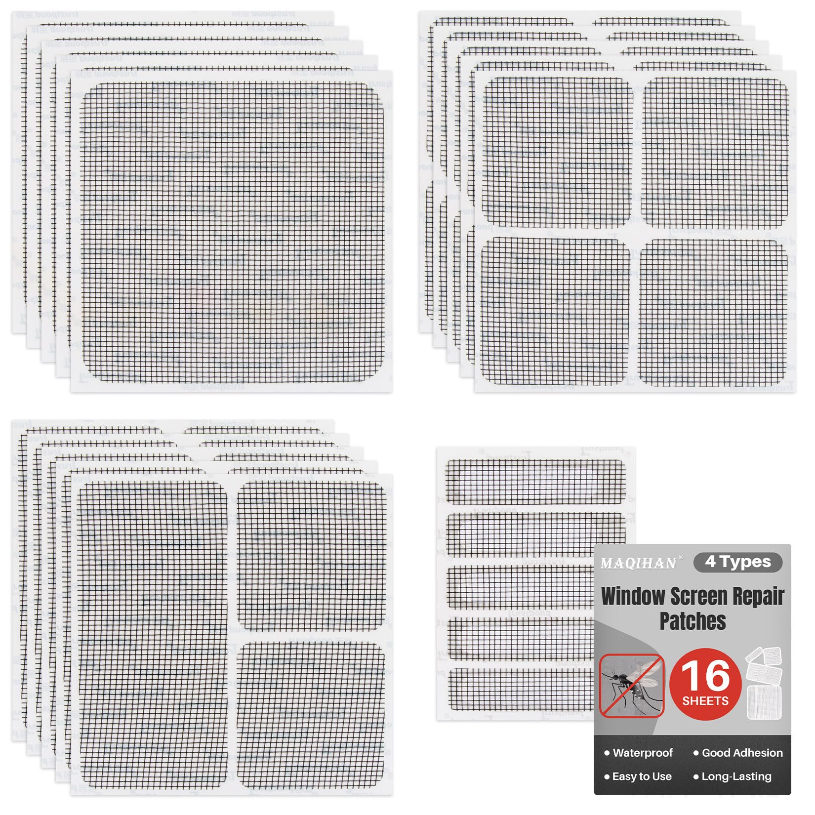 Photo 1 of 16Sheets Window Screen Repair Kit - Black Self-Adhesive Screen Patch Repair Kit, 4 Sizes Patches Mesh Tape for Mesh Screens Door, Window Drain Holes, Strong Adhesion Easy to Use