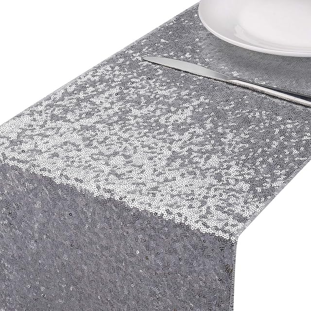 MengH-SHOP Table Runner Glitter Round Sequins Fabric for Wedding Birthday Party Baby Showers Table Cloth Decoration 12 * 110 inch Silver