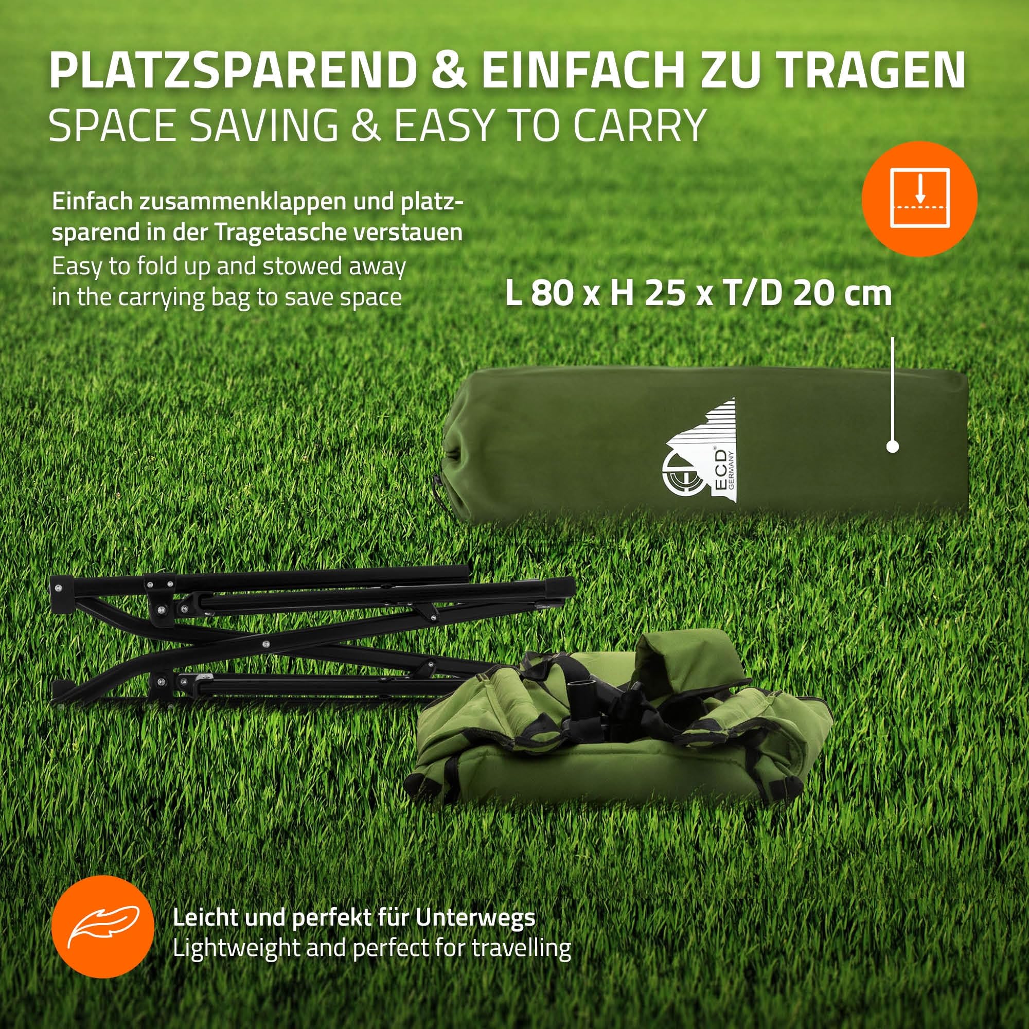ECD Germany Skladane Krzeslo Campingowe Khaki Krzeslo Wedkarskie Bujany z Metalowa Konstrukcja Regulowane Wysokie Oparcie z Zaglówkiem Uchwyt na Napój Torba Fotel Outdoor na Camping Wedkowanie Ogród