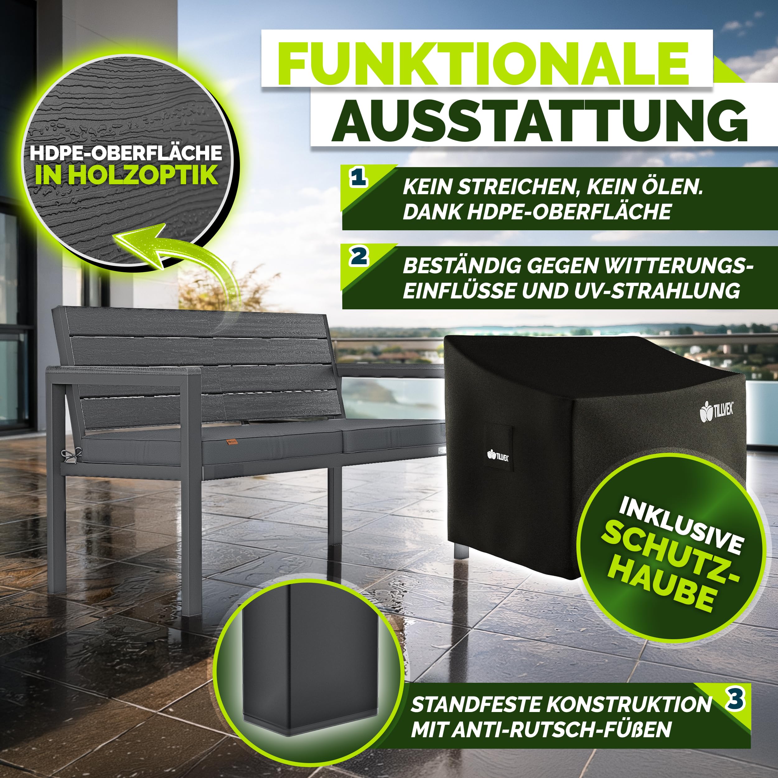 tillvex® Gartenbank Wetterfest 2-3 Sitzer mit Abdeckung & Kissen | Parkbank in Holzoptik bis 300kg belastbar UV-beständig | Sitzbank Garten Terrasse Balkon mit waschbarem Bezug