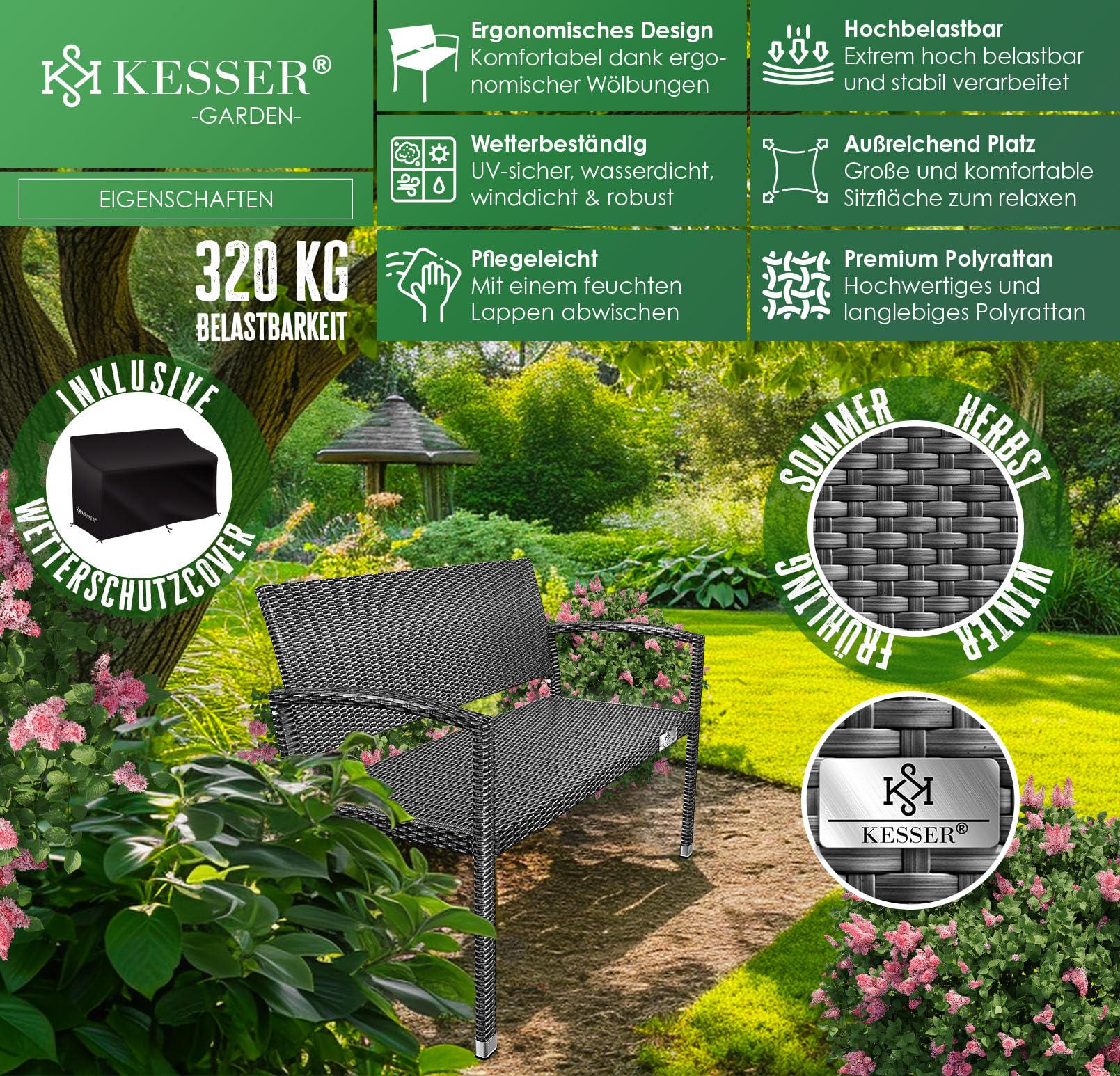 KESSER® Panca da giardino in polyrattan, resistente alle intemperie, resistente ai raggi UV e portata fino a 320 kg, 125 x 62 x 90 cm, mobili da giardino con braccioli ergonomici, per 2 persone,