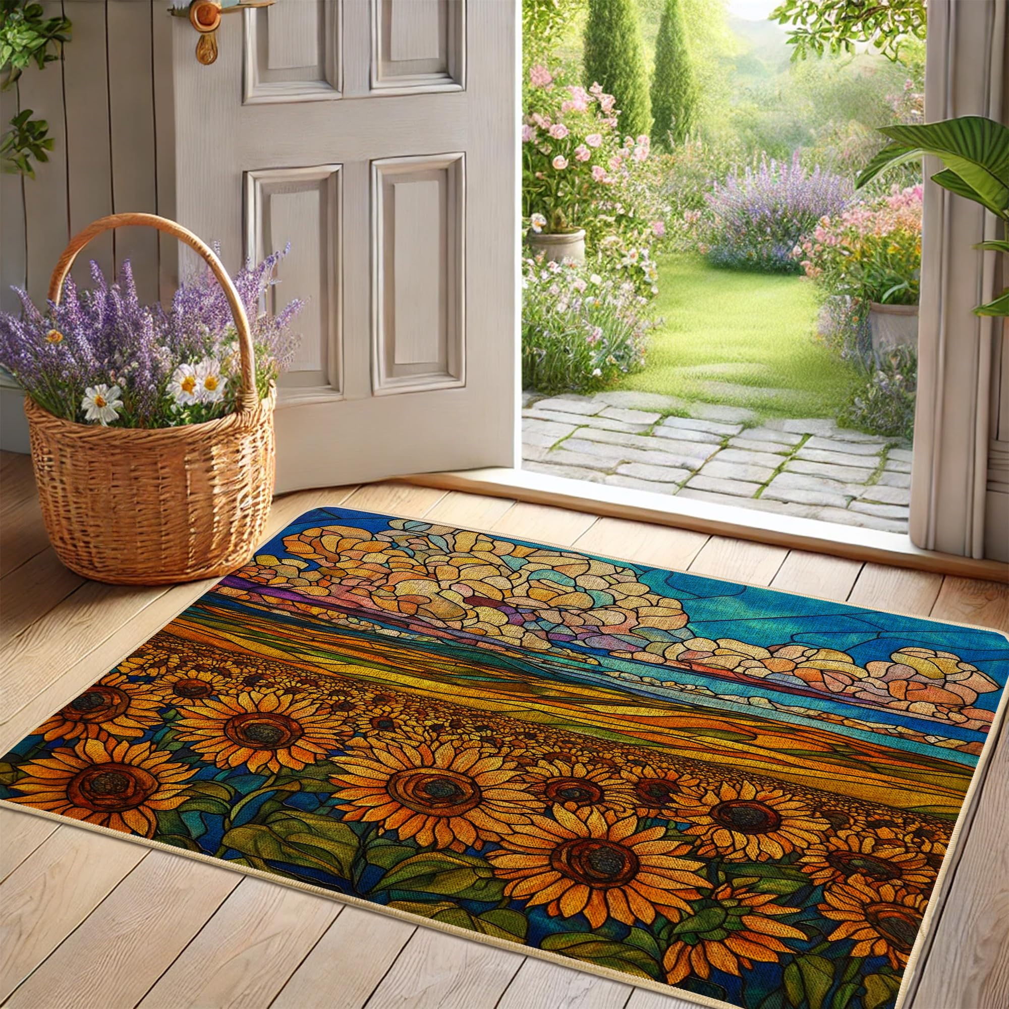 Paillasson tournesol jaune vif antidérapant en caoutchouc, tapis d'entrée 73,6 x 43,2 cm