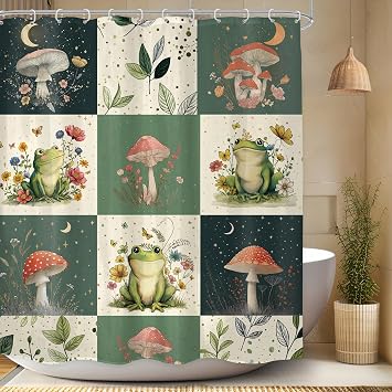 Funny Frog Vintage Green Checkerboard Cartoon Bathroom Shower Curtain Set
