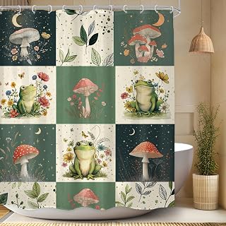 LGhtyro Funny Frog Shower Curtain Bathroom Set 60Wx71H Inches Vintage Green Checkerboard Cartoon Mushroom Moon Floral Plant Botanical Bath Accessories Cute Art Home Decor Fabric 12 Pack Hooks