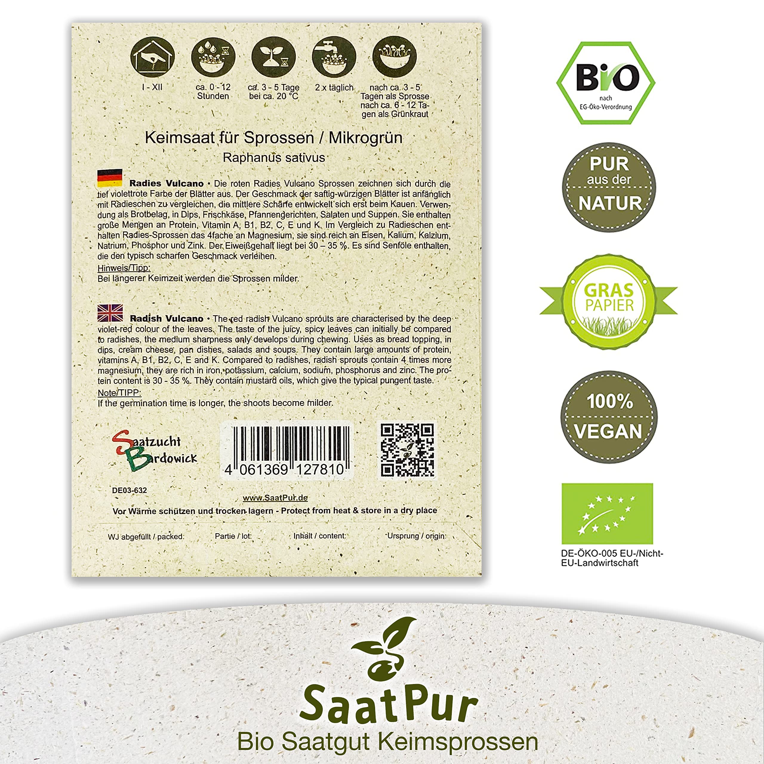 Radies Vulcano BIO Keimsprossen von SaatPur - Keimsaat Sprossen Microgreens - Großes Tray mit 60 Portionstüten je 30g
