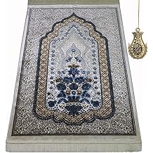 Modefa Turkish Islamic Velvet Prayer Rug - Prayer Mat Carpet for Men and Women - Traditional Muslim Janamaz Sajada - Ramadan or Eid Gift - with Car Hanger - Luxury Winter Rose (Brown/Blue)