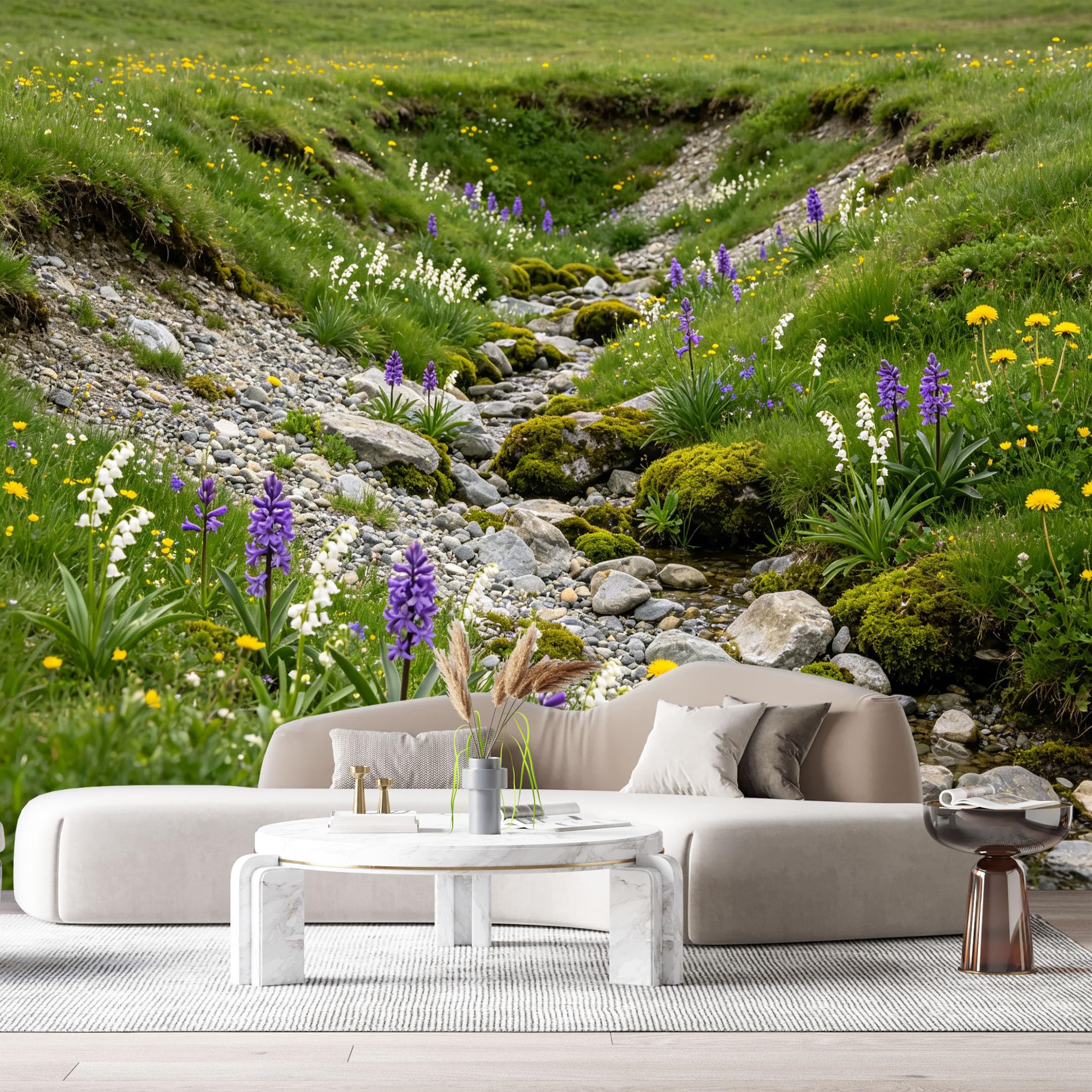 Custom Size Wall Murals Alpine Meadow Creek Botanical Landscape Watercolor Wildflowers Rocky Stream SelfAdhesive Wall Fabric Removable Large Wallpaper Photo for Living Room