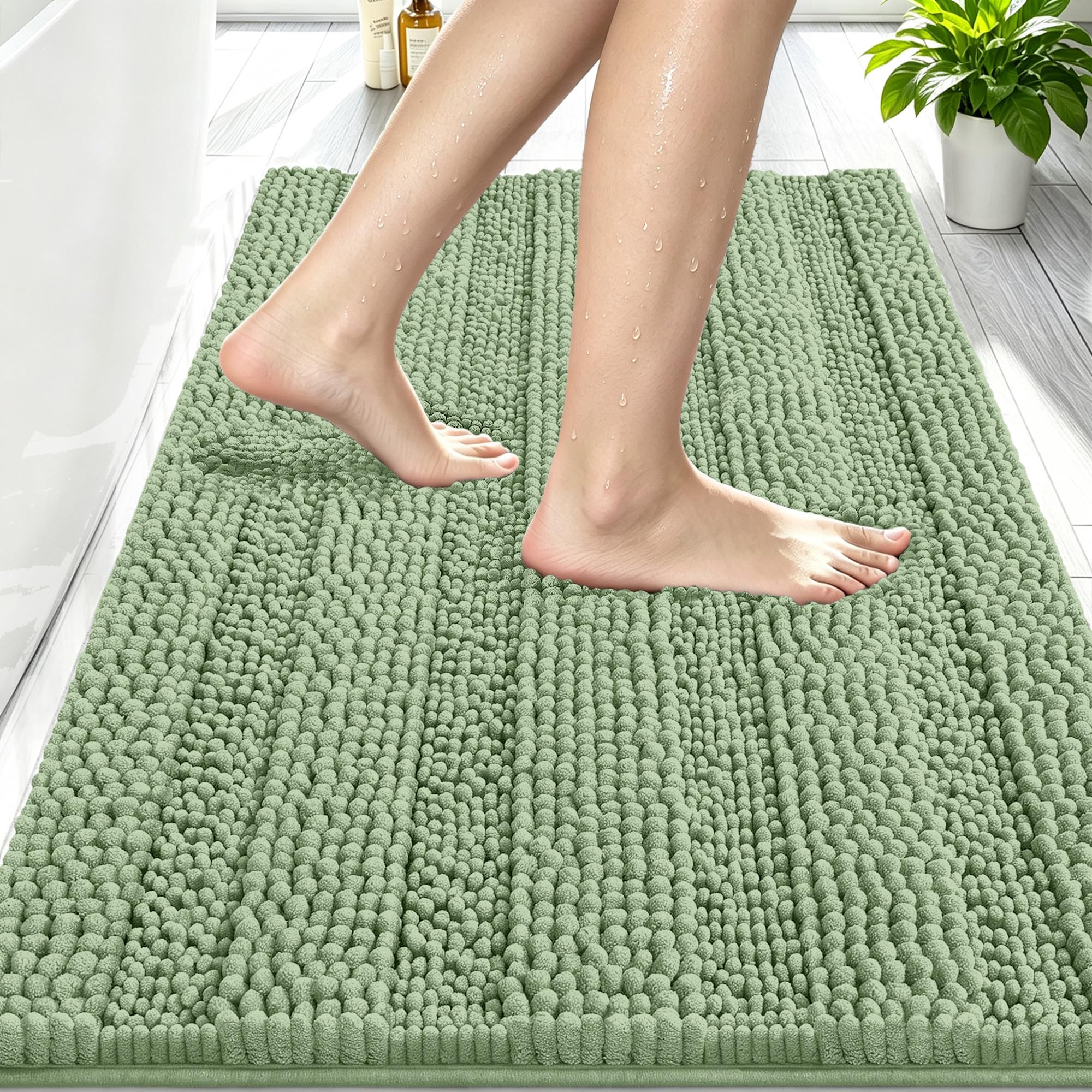 Smiry Thick Chenille Bathroom Rugs 30x20, Absorbent Bath Mat, Sage Green