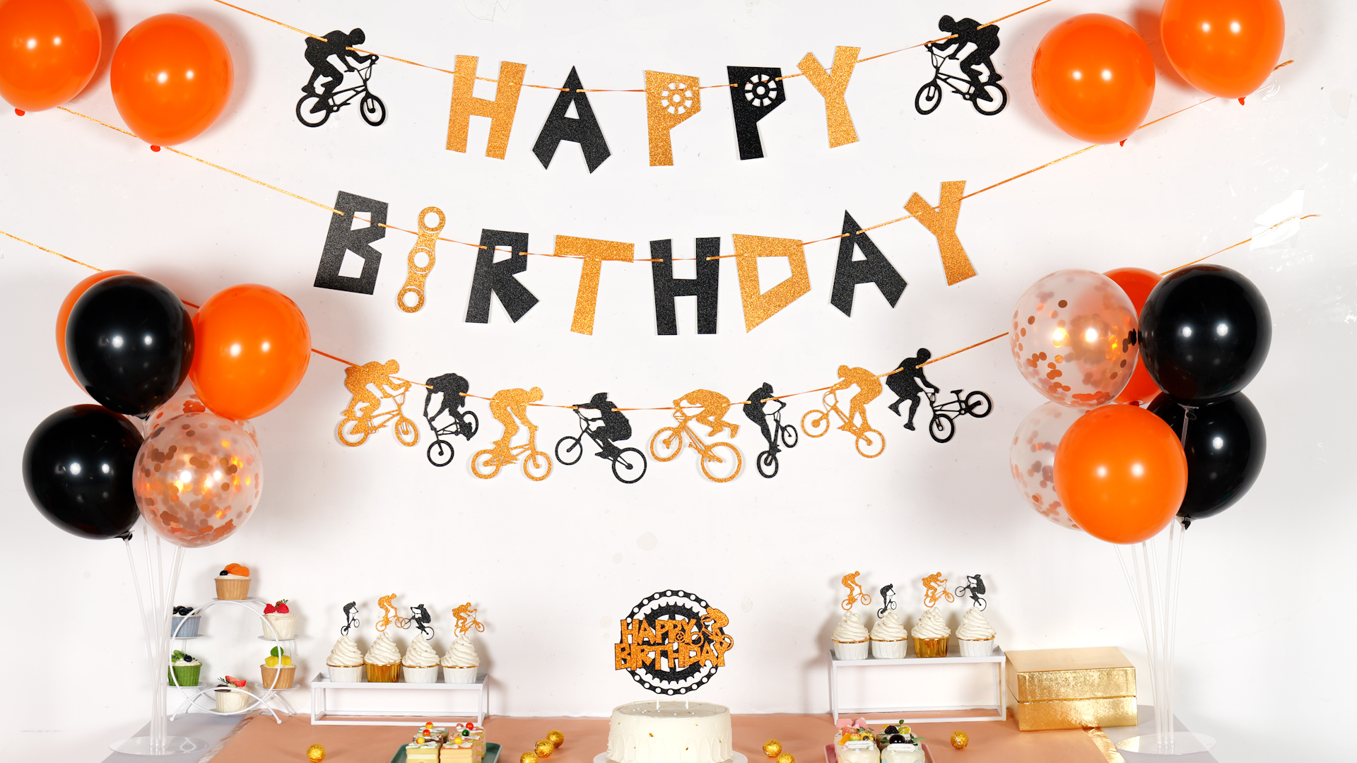 Bike Themed Birthday Party Decorations - Orange & Black BMX Bicycle Banner, Garland, Cake Topper & Balloons - View #4
