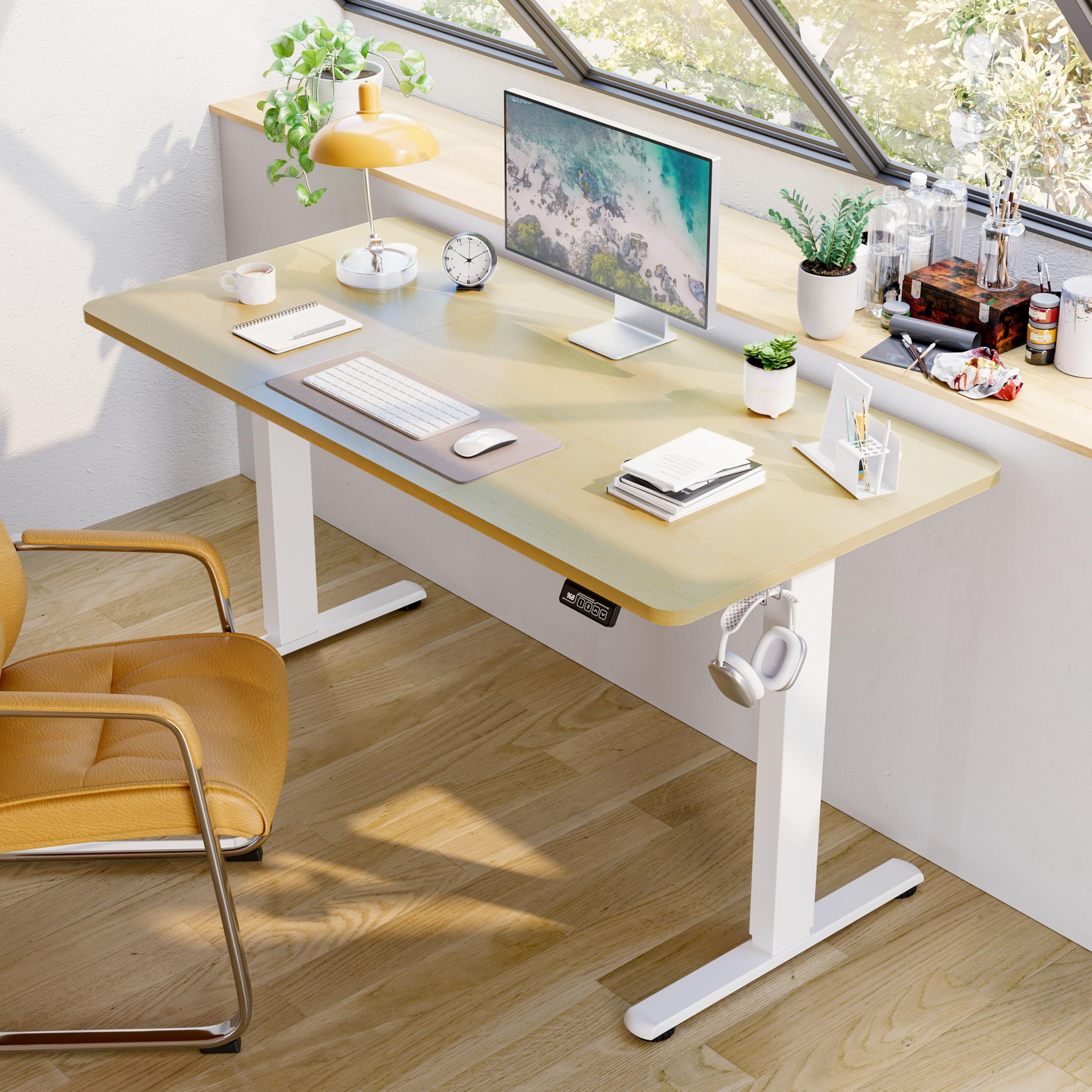 Bureau Assis Debout Électrique 140 x 60 cm, Bureau Électrique Réglable en Hauteur avec Fonction Mémoire et Système Anti-Collision, Table Assis-Debout, Beige