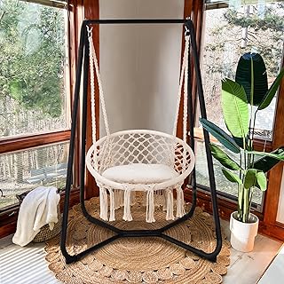 SUNCREAT Patio Swing Chair with Stand and Cushion, Heavy Duty Hanging Chair with Stand