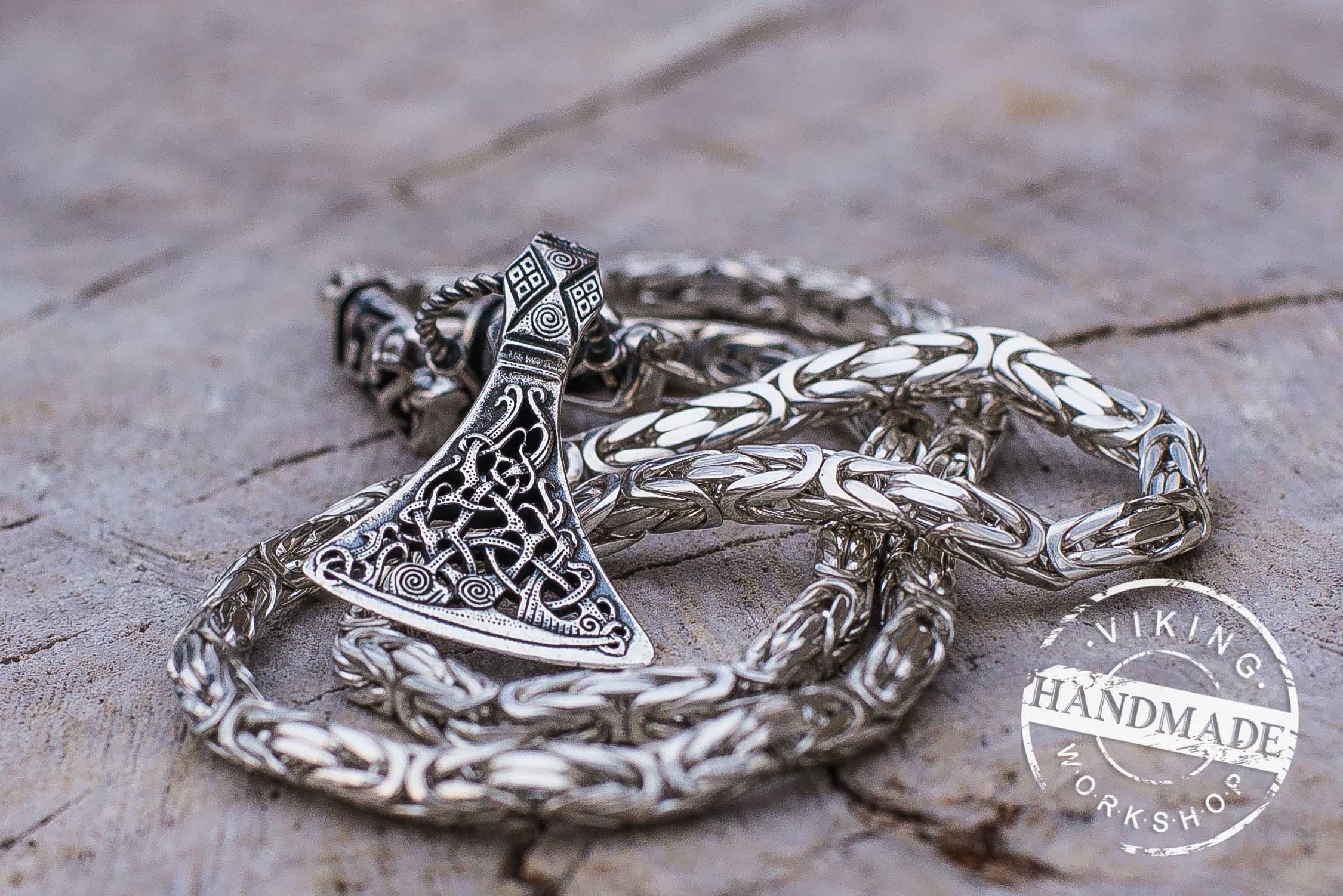 Set of Square Sterling Silver Viking Chain with Wolf Tips and Viking Axe Pendant