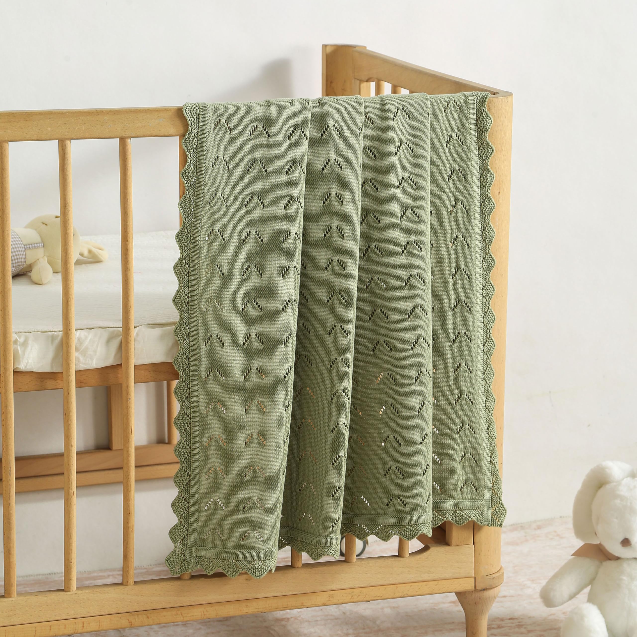 Loyfoky Baby Knit Blanket 100% Cotton Soft Cellular Blankets Breathable for Boy Girl Newborns Swaddling,Cot,Green 100x80cm - Image 4