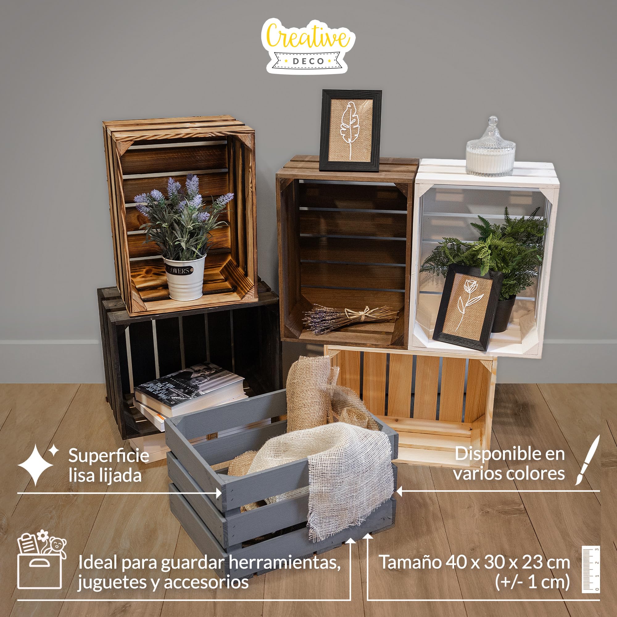 Creative DECO 3 x Cajas de Madera Natural Decorativa Blanca 40 x 30 x 23 cm | Cesta de Madera Ideal para Almacenaje Regalo Fruta Decoración Bricolaje Manualidades | Documentos Juguetes Herramientas