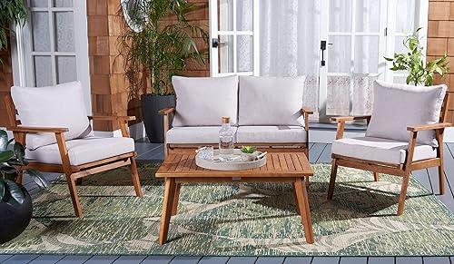 SAFAVIEH PAT7305E-2BX Collection Castalia Acacia Wood Cushion 4-Piece Conversation Patio