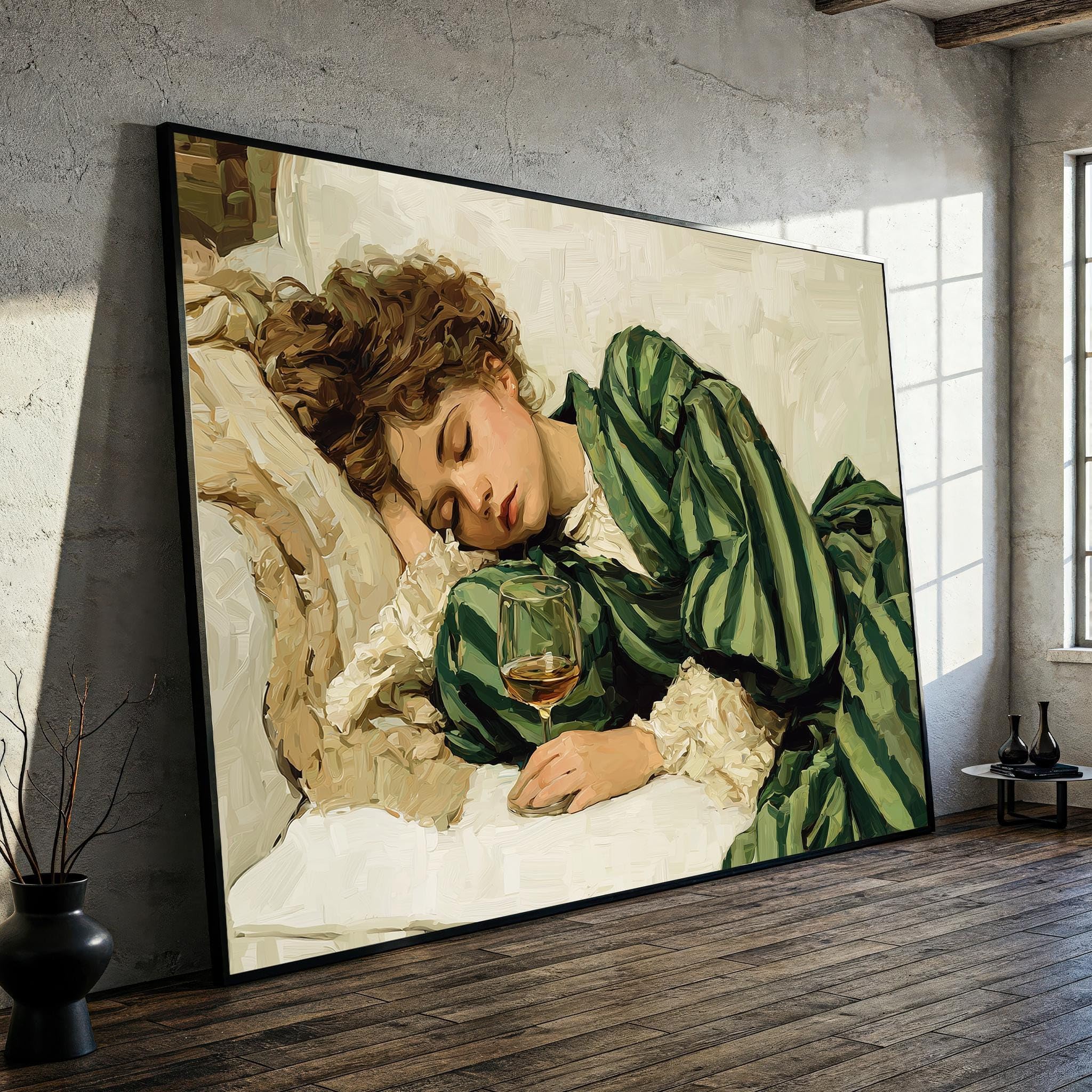 XBTYKPB Vintage Woman Sleeping with Wine Canvas Painting – Romantic Wall Art, Ready to Hang, for Wine Canvas Classic Home Decor(80x110cm/Frameless)