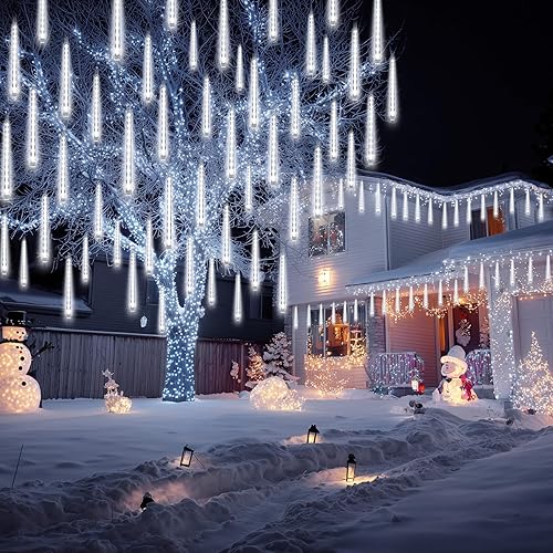 Miniatura 6 de JOYIN Luces de Navidad para exteriores, 8 tubos de luces de lluvia de meteoritos blancas, 192 LED, luz de lluvia en cascada de carámbano de nieve