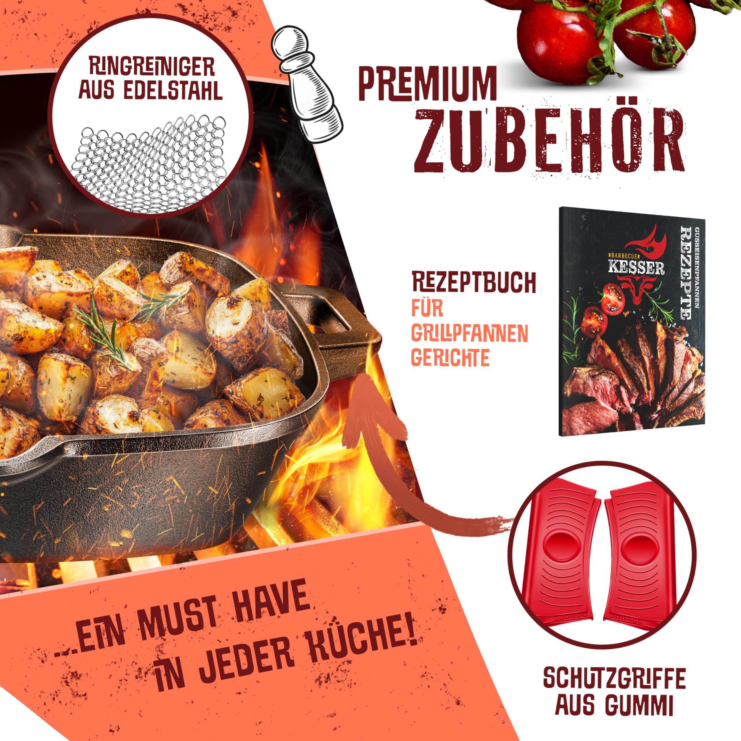 KESSER® Sartén de hierro fundido para inducción de 30 cm, sartén de hierro fundido, sartén para parrilla de gas, horno, parrilla de carbón, sartén para carne, incluye asas protectoras, libro de