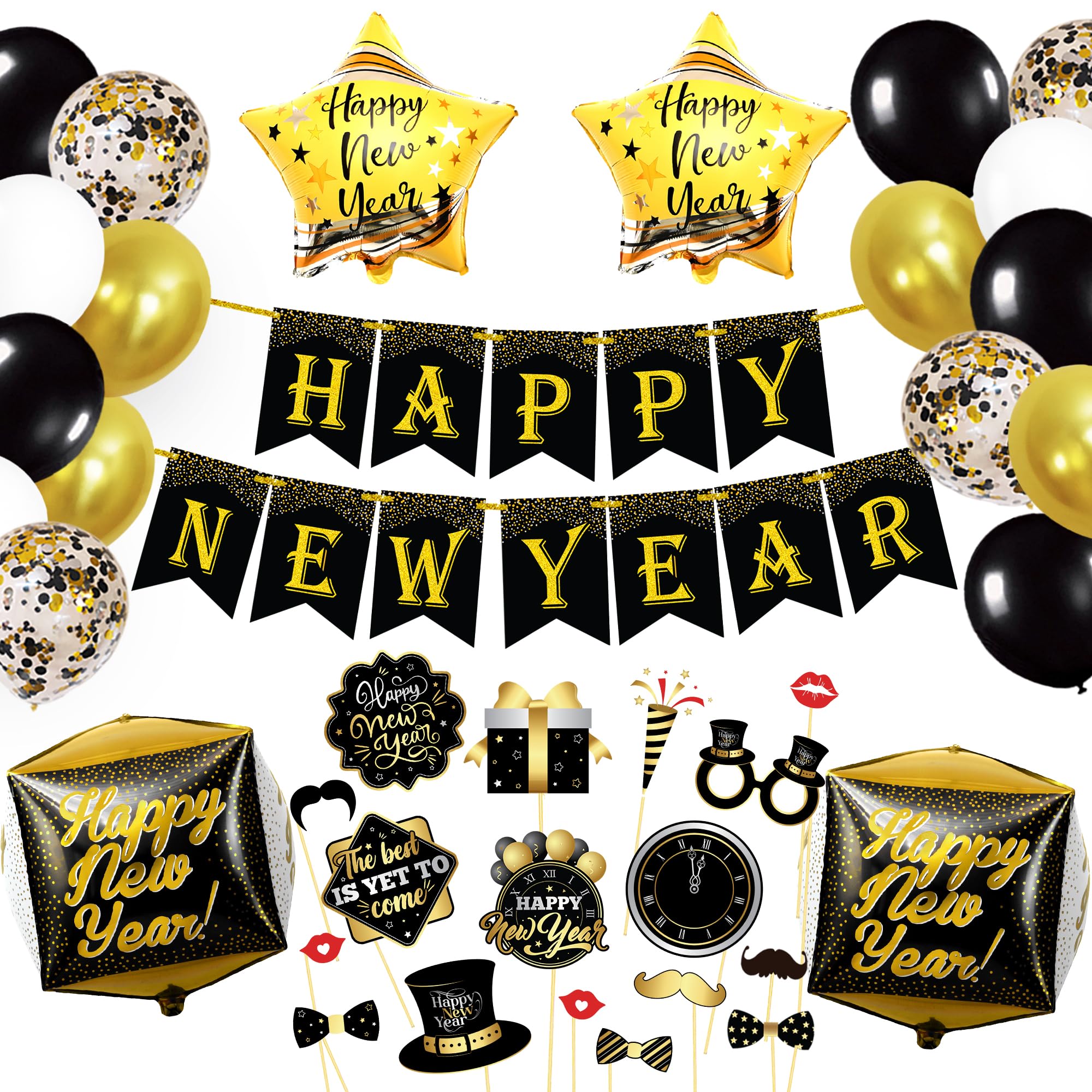 2026 Silvester Ballon Kit | Silvester Partydekorationen | Gold, Silber, schwarze Ballons für Ihre Neujahrsfeier. Silvester