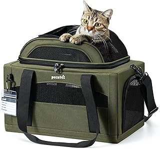 Pecute Expandable Pet Carrier Airline Approved Dog Cat Carrier, Breathable Soft-Sided with Locking Zippers, Pet Travel Bag for Small Dog Cat Leakproof Pee Pad (Dark Green)