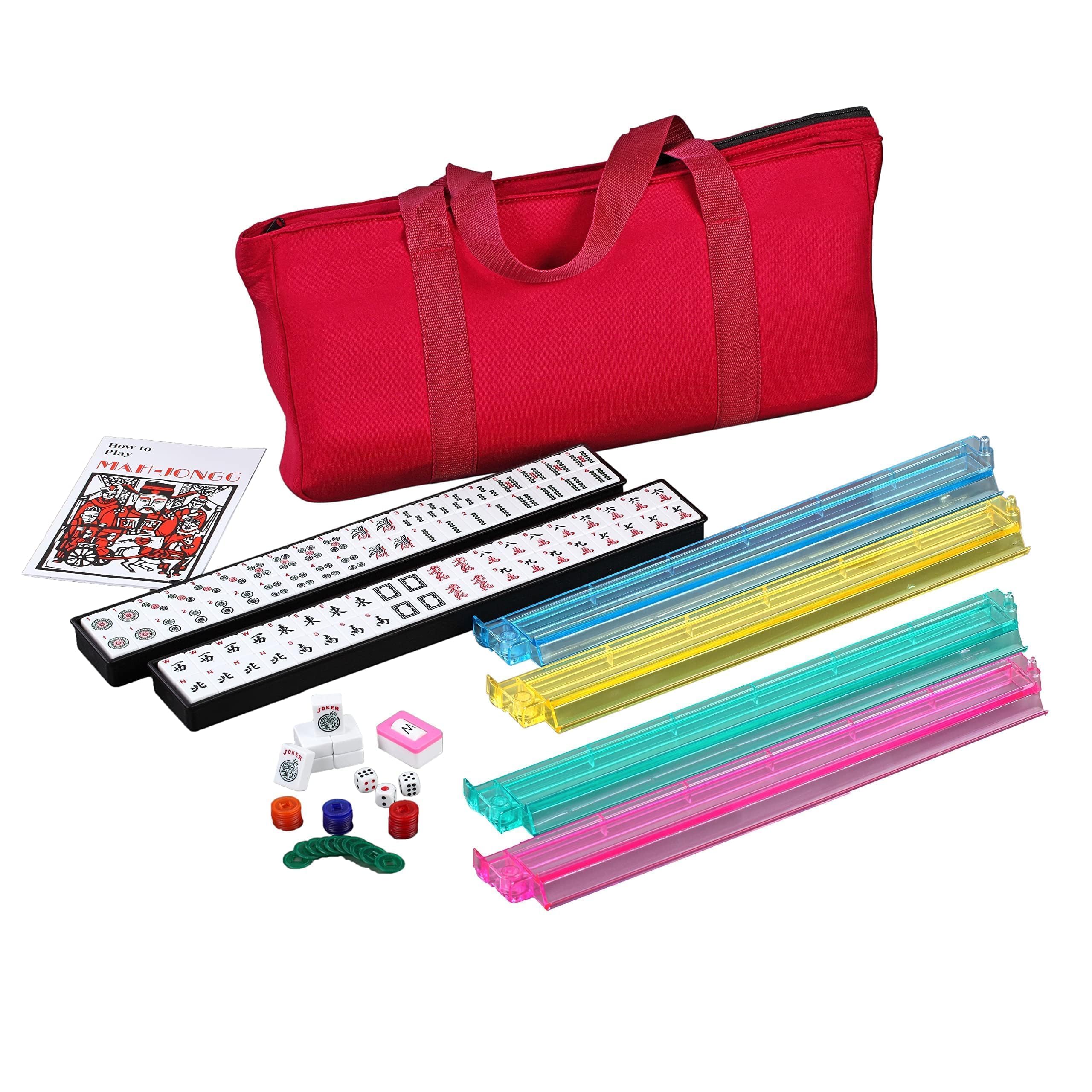 USA MJ TABLE .COM Complete American Mahjong Game Set, 166 Tiles, 4 All in One Pusher Racks, Chips, Wind Indicator (Red Soft Bag)