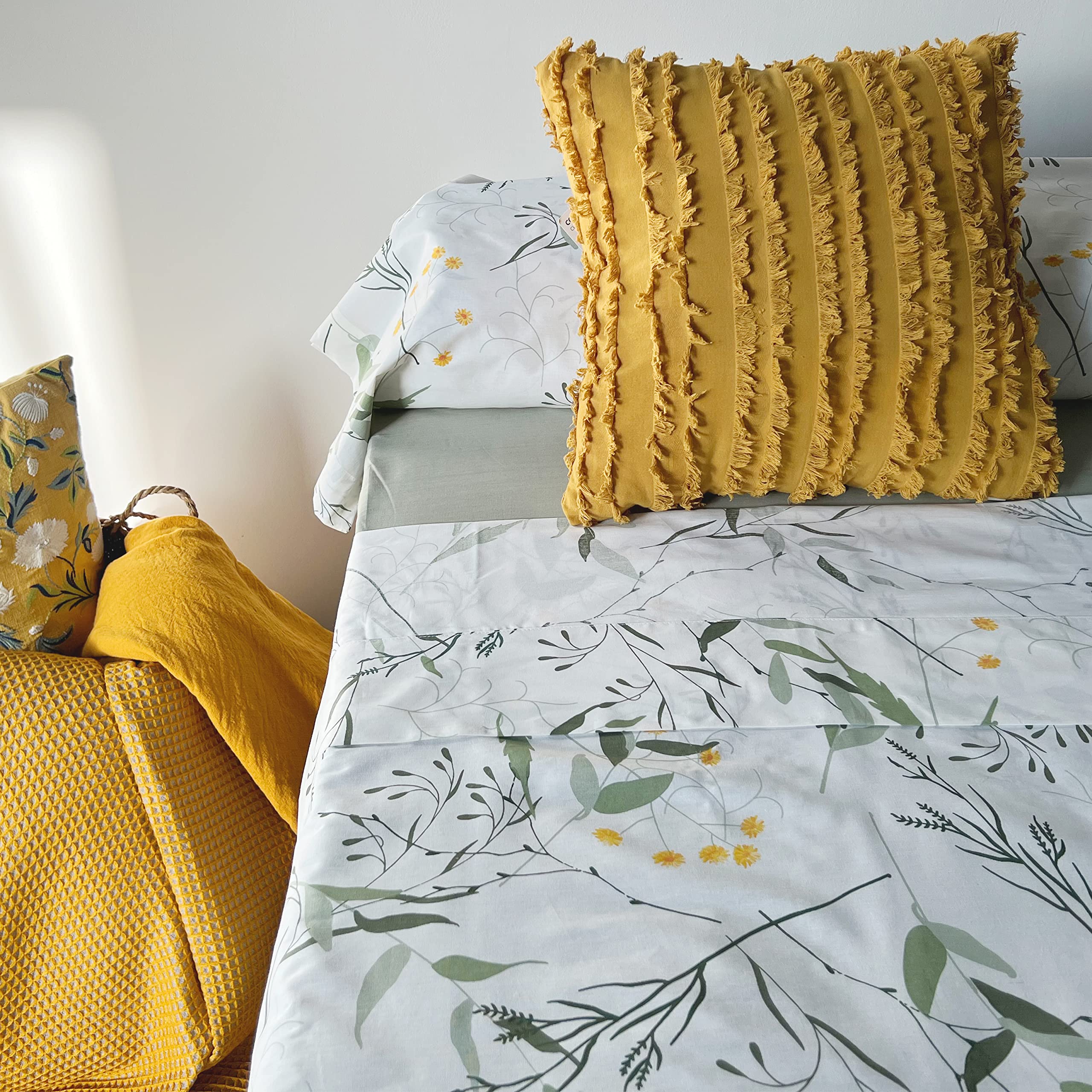Juego de Sábanas 100% Algodón Orgánico – Estampado Natural de Hojas – 3 o 4 Piezas: Encimera, Bajera Ajustable y 1-2 Fundas de Almohada – Sábanas Transpirables y Suaves (150CM)