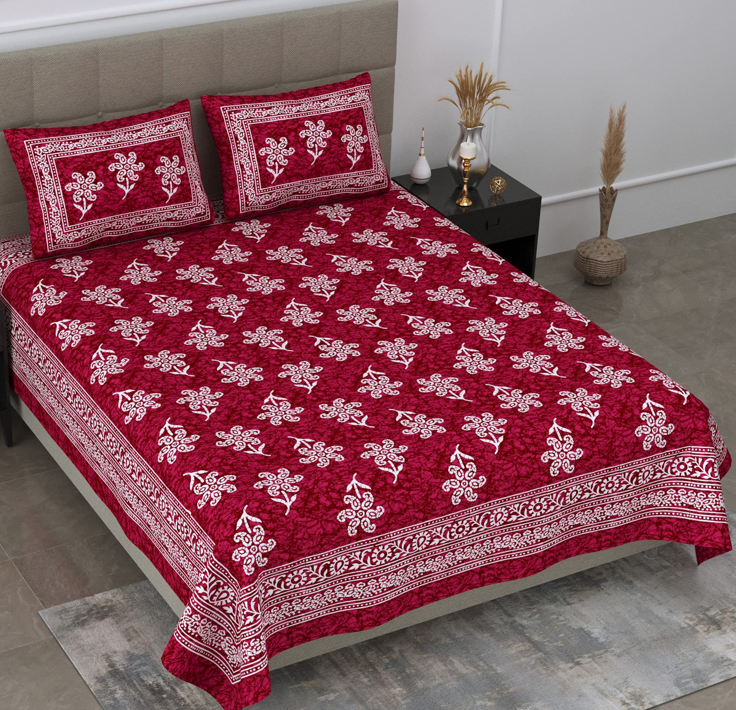 SheetKart 144 TC 100% Cotton Batik Printed Double Bedsheet with 2 Pillow Covers, Burgundy Red-image-15