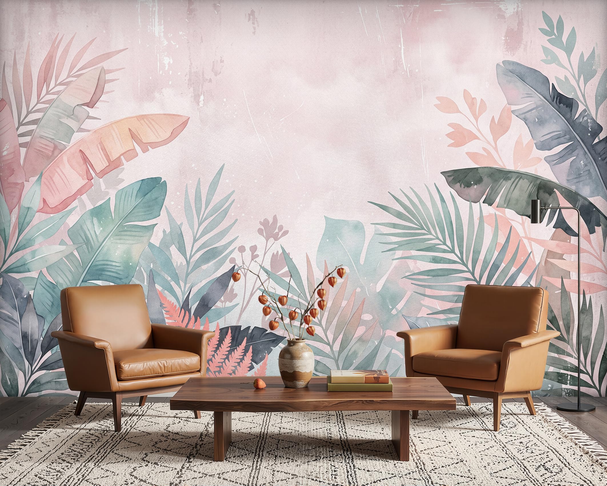 PaxGloz Watercolour Tropical Leaf Wallpaper, Pastel Pink and Sage Green Botanical Wall Mural for Living Room & Bedroom Lounge, Non-Woven Decorative Wall Art 300x210 cm โ image 1