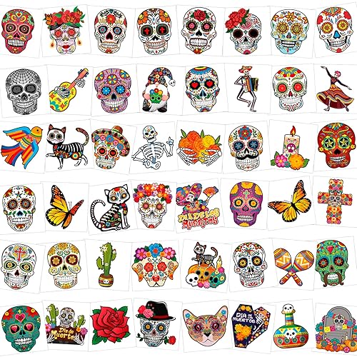 HOWAF 96 tatuajes de calavera de azúcar del Día de los Muertos, decoración de fiesta del Día de los Muertos, tatuajes temporales, calcomanías de