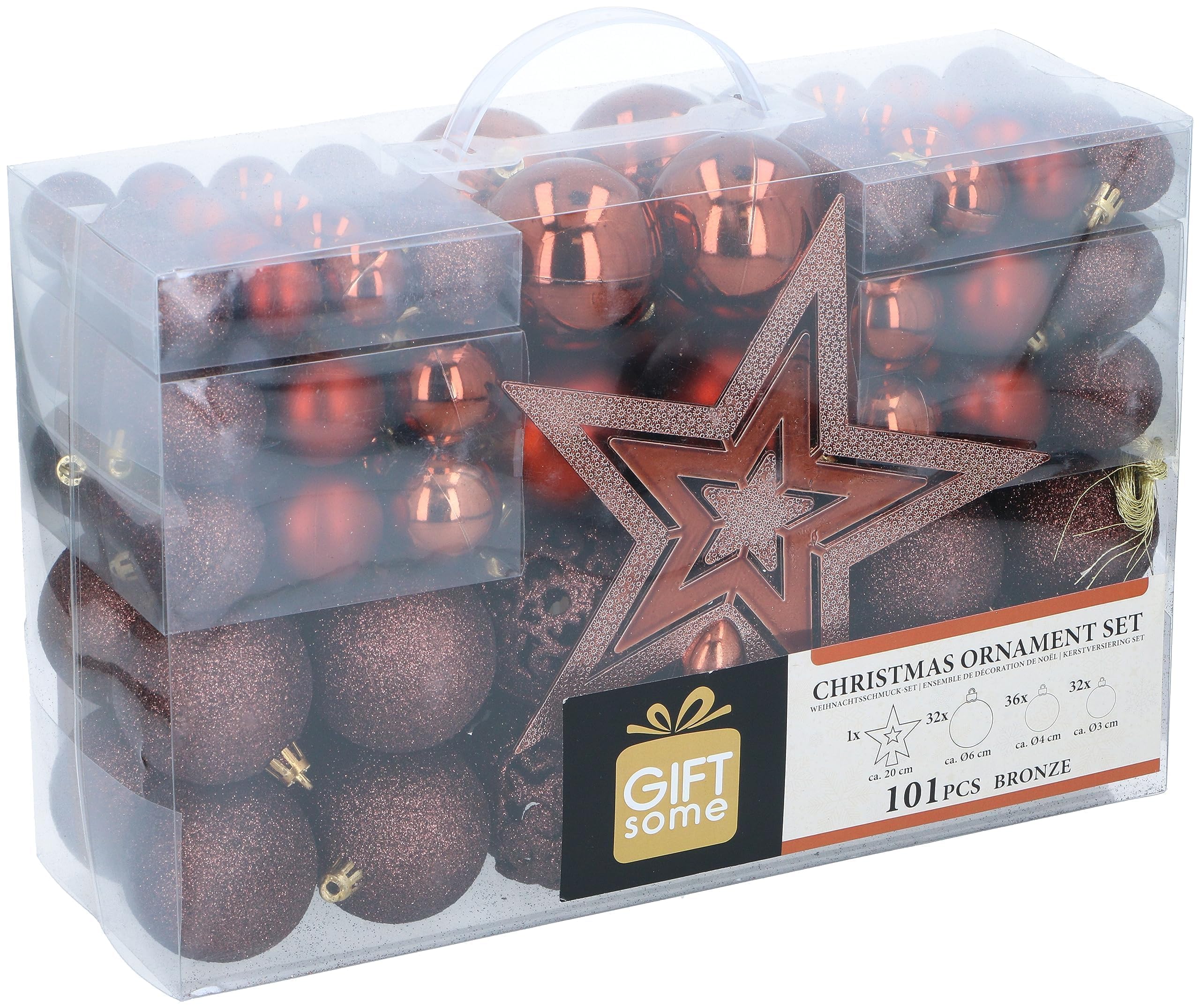 101 Bolas de Navidad - Adornos Navideños Bronce - Decoración Navidad Plástico - Ø3/4/6 CM - para Uso Interior y Exterior - Mate, Brillante, Reluciente y Abierto