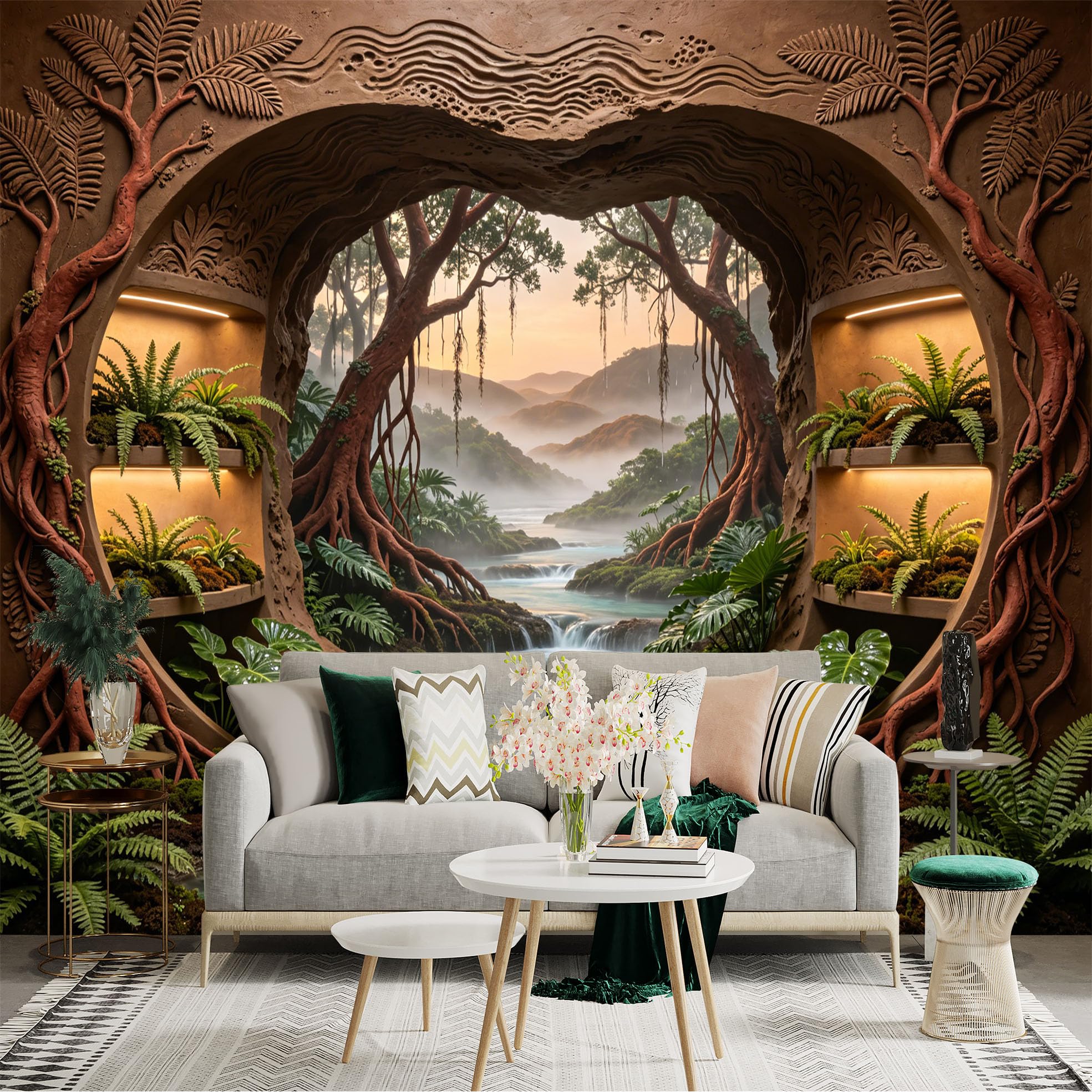 Custom Size Wall Sticker Mural， Tropical Forest with Waterfall Stream and Sunset Mountains， for wall Decoration， peelandstick wall Decals.