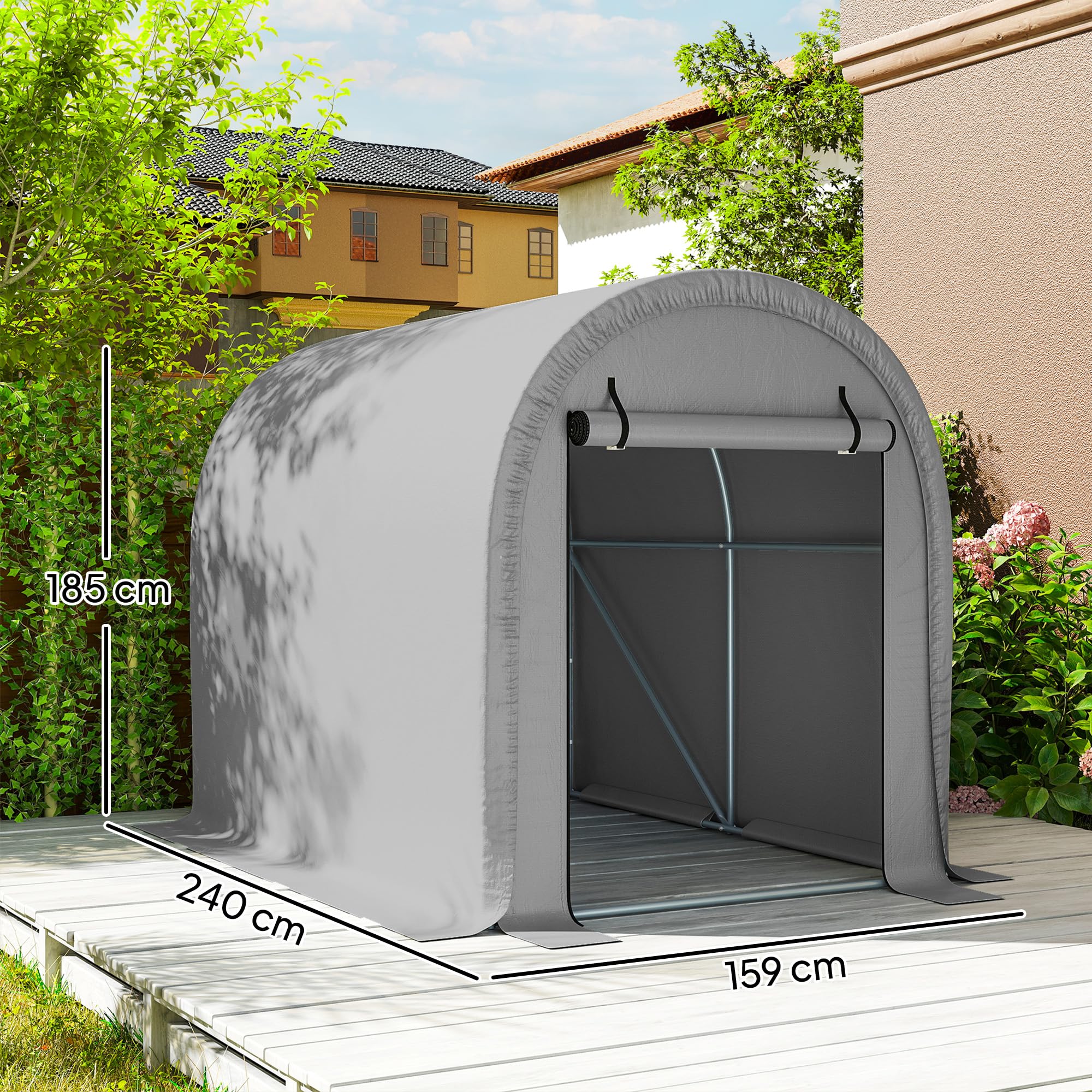 Outsunny Abri de Jardin Tente de Stockage Garage à Vélos - Acier Galvanisé & 160g/m² PE Anti-UV pour Moto et Tondeuse - Dôme Anti-Pluie Multi-Usage avec Ancrage 159x240x185cm, Gris Clair