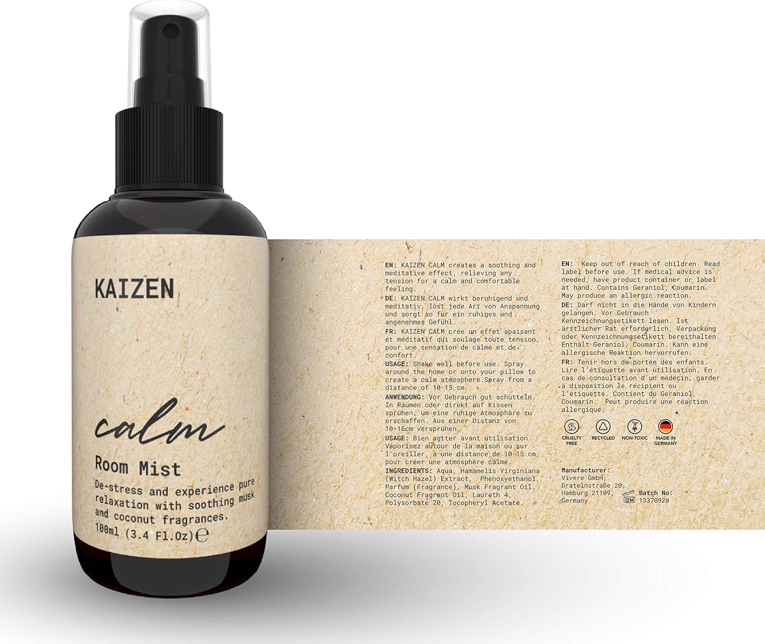 KAIZEN Natural Room Spray with Delicate Coconut Fragrance - Soft Mist Room Freshener Spray For Stress Relief & Anxiety Relief - Pillow Spray for Sleeping - Natural Air Freshener Spray, 3.38 Fl Oz: Health & Personal Care