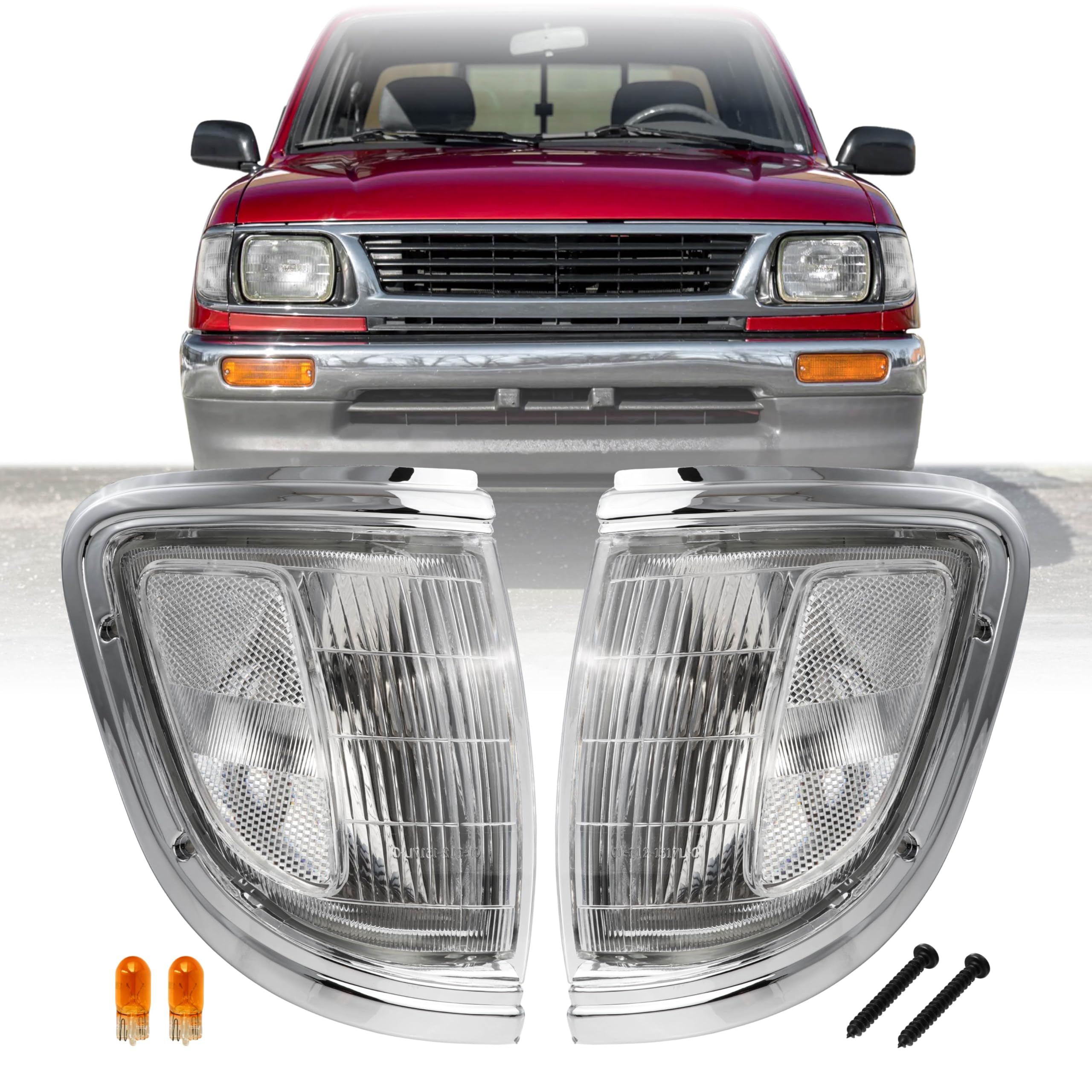 USR 95-96 Tacoma 2WD Corner Light – Front Corner Parking Lamps (Left + Right) Pair - Compatible with 1995-1996 Toyota Tacoma 2 Wheel Drive Base Model Taco Pickup Truck (CLEAR LENS with AMBER BULBS)
