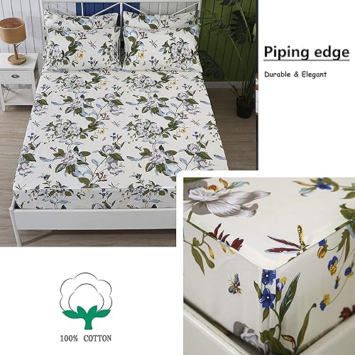 Miniatura 3 de FADFAY Sábanas florales Shabby tamaño King, 100% algodón, 600 hilos, flores blancas y hojas verdes, ropa de cama vintage con estampado botánico de