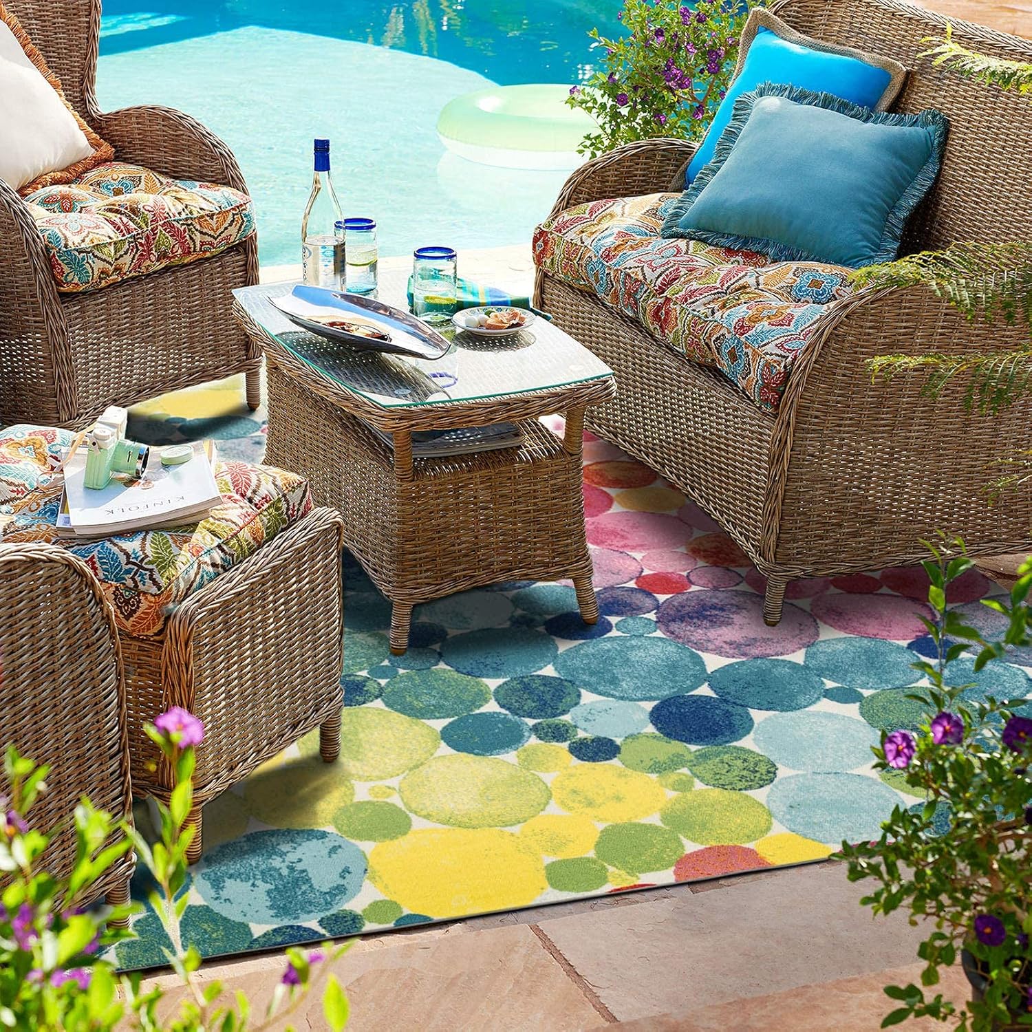 DECOMALL Outdoor Rugs for Patio Deck Porch Balcony Backyard, Multicolored Bubbles, 5'x7'