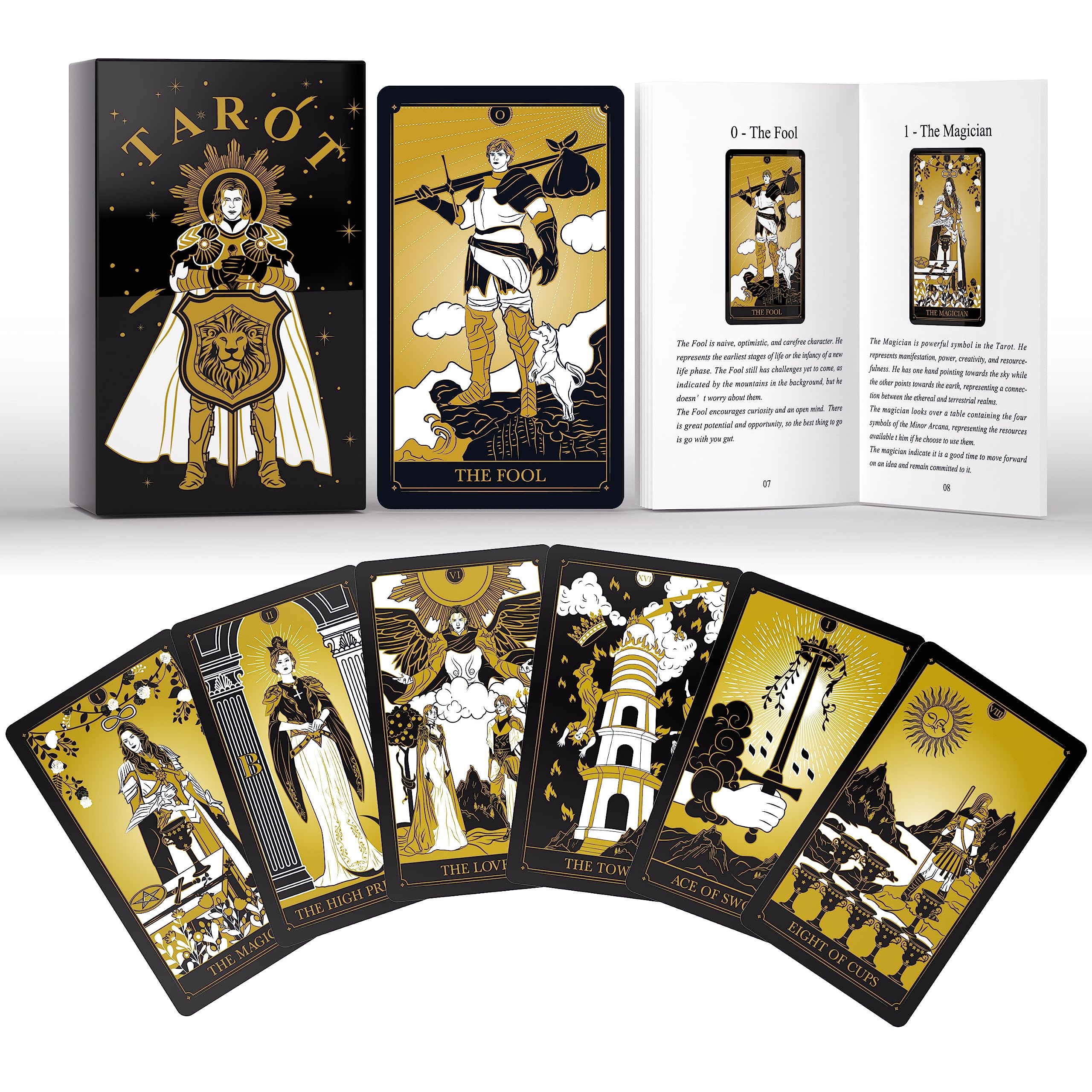 WJPC Original Design Knight Gold Tarot Cards with Guide Book Set&Gift Box for Beginner& Expert. Tarot Decks, Tarot Cards Decks