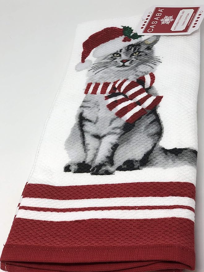 Casaba Cat with Santa Hat and Scarf Kitchen Towel Set Terry Cloth