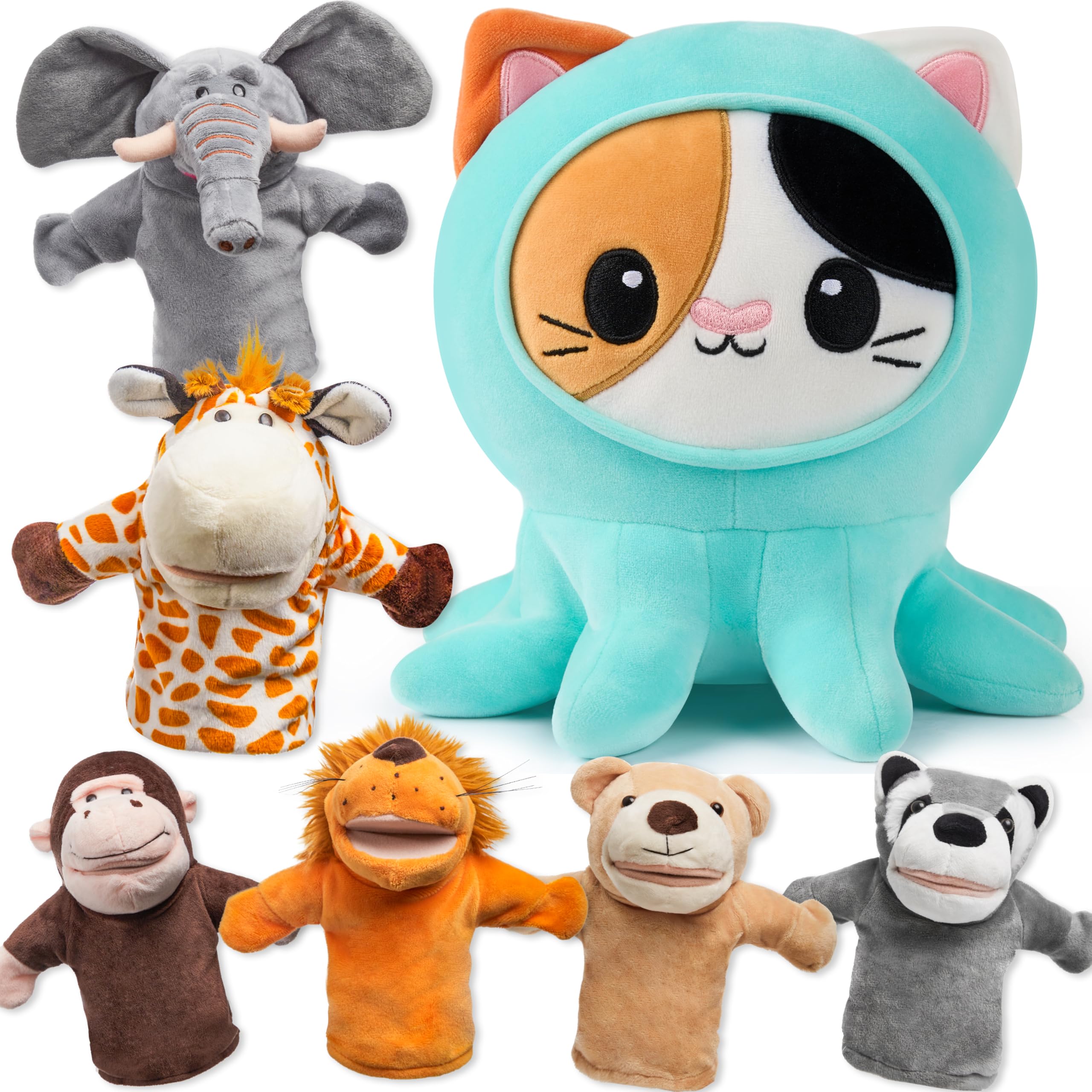 JOYIN 6Pcs Kids Hand Puppet Set with Working Mouth Bundle with Stuffed Animal, Kawaii Octopus Cat Plush Toy