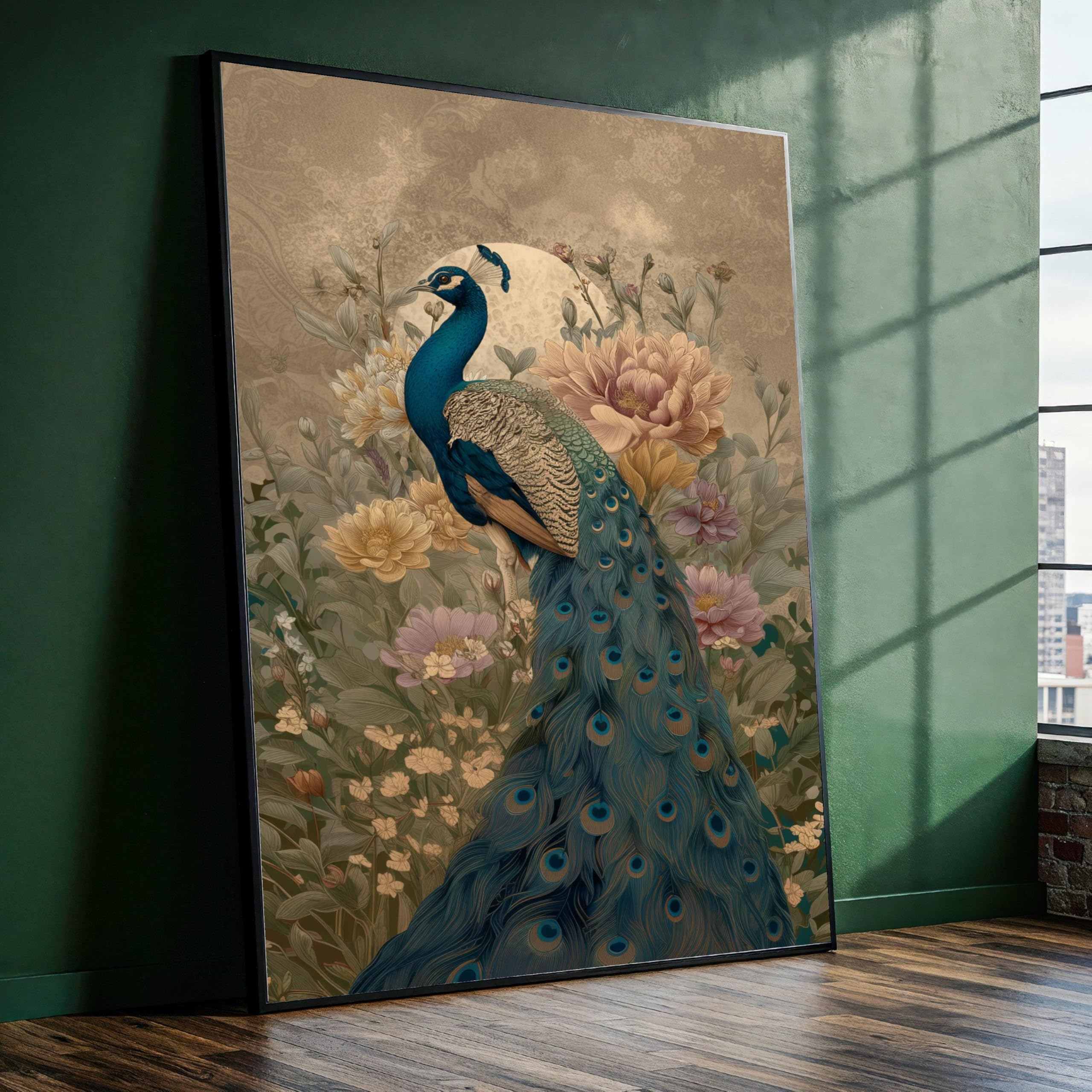 Xinbao Internal Frame Vintage Rustic Peacock Canvas Wall Art, Floral Botanical Design, Nature Decor, Feather Illustration, Home Wall Painting(80X110cm/Inner Frame)