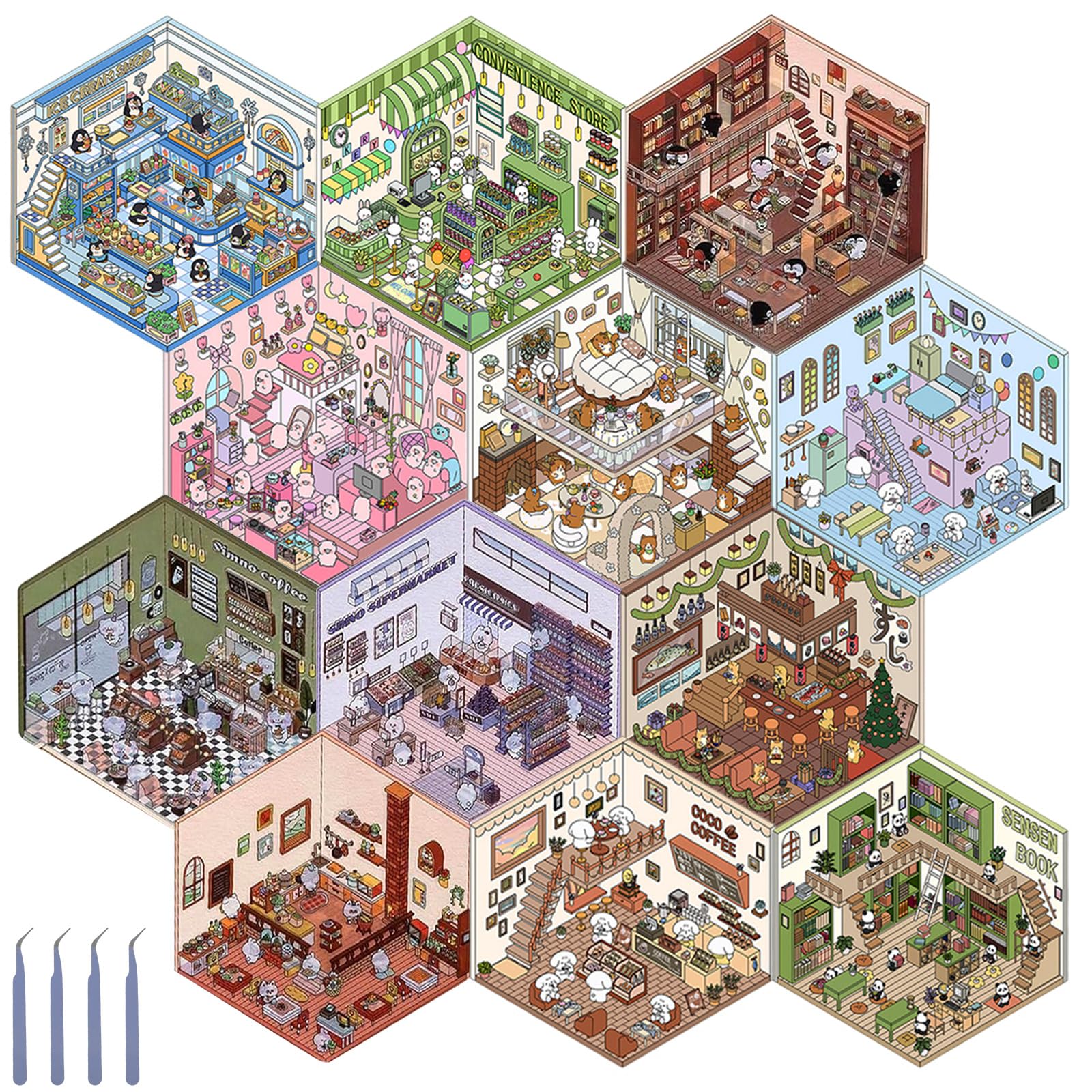 16 PCS 12 Sets DIY 3D House Stickers Miniature 3D Cartoon Scene Stickers Reusable Fun DIY Stacking Scene Sticker for Kids & Adults Stress Relief Pass The Time