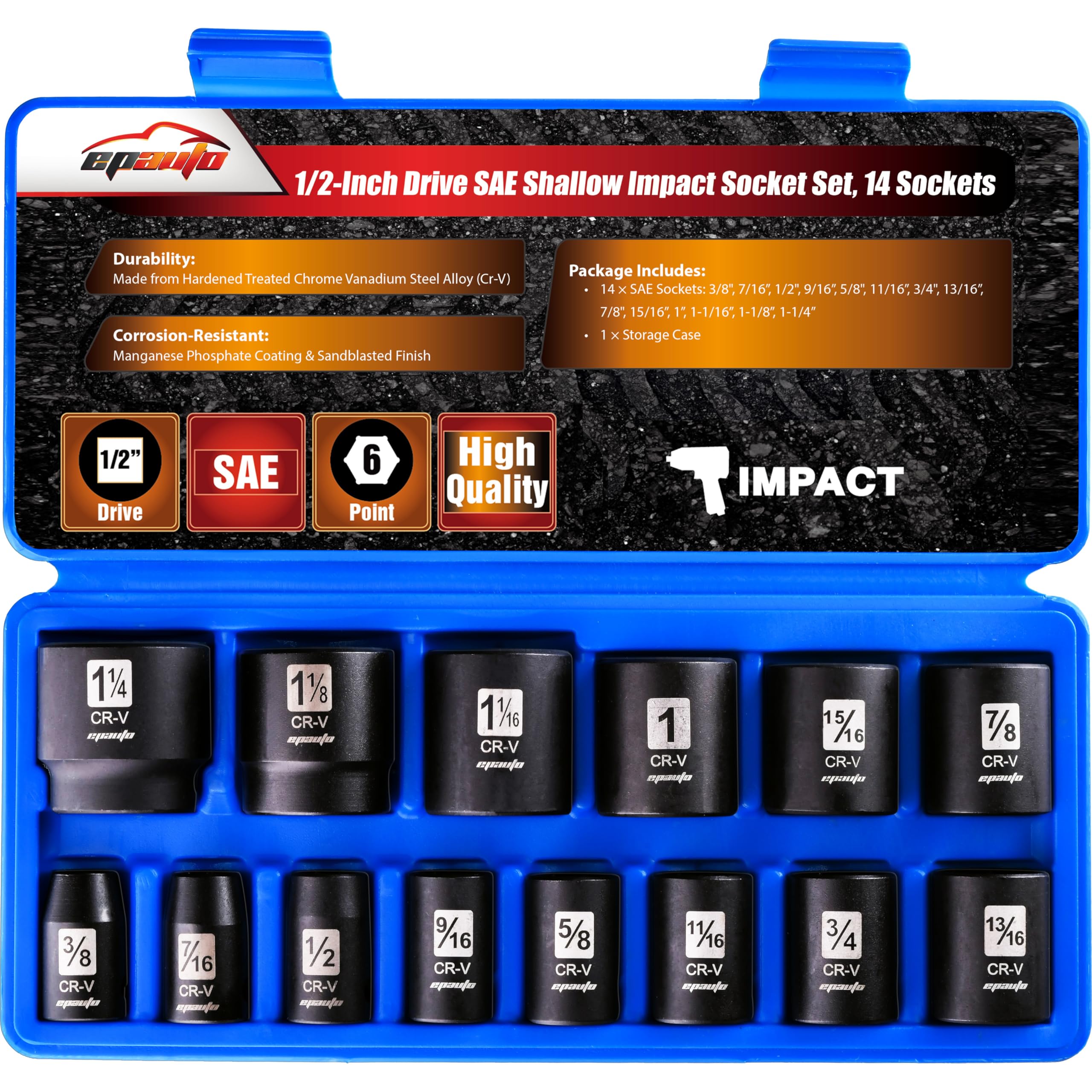 1/2-Inch Drive SAE Shallow Impact Socket Set, CRV, 6-Point 14 Sockets